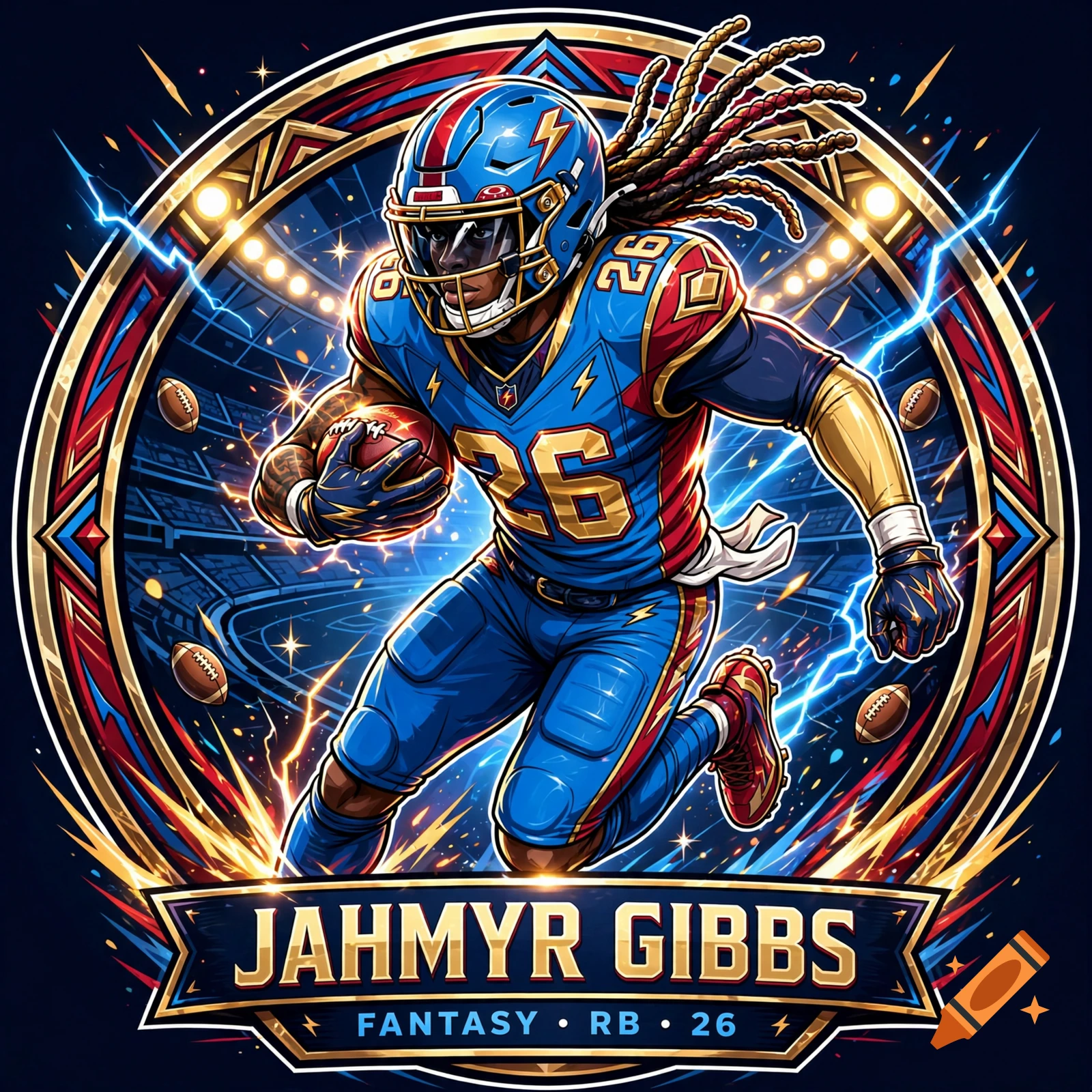 Vibrant digital illustration of an American football player wearing number 26, framed in a circular badge with text Jahmyr Gibbs.