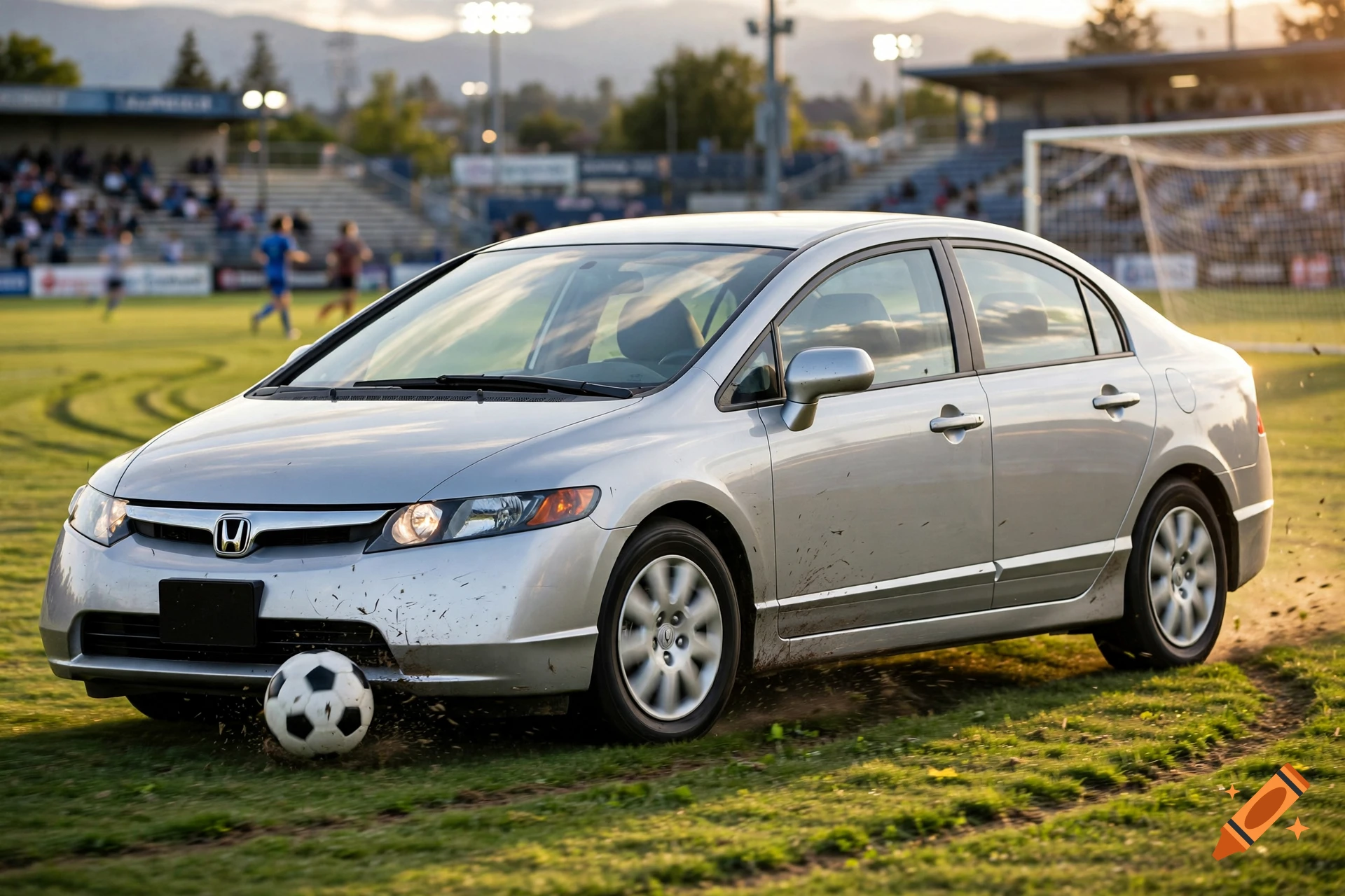 Photorealistic image of a silver Honda Civic playing soccer on a grassy field with a goal in the background.