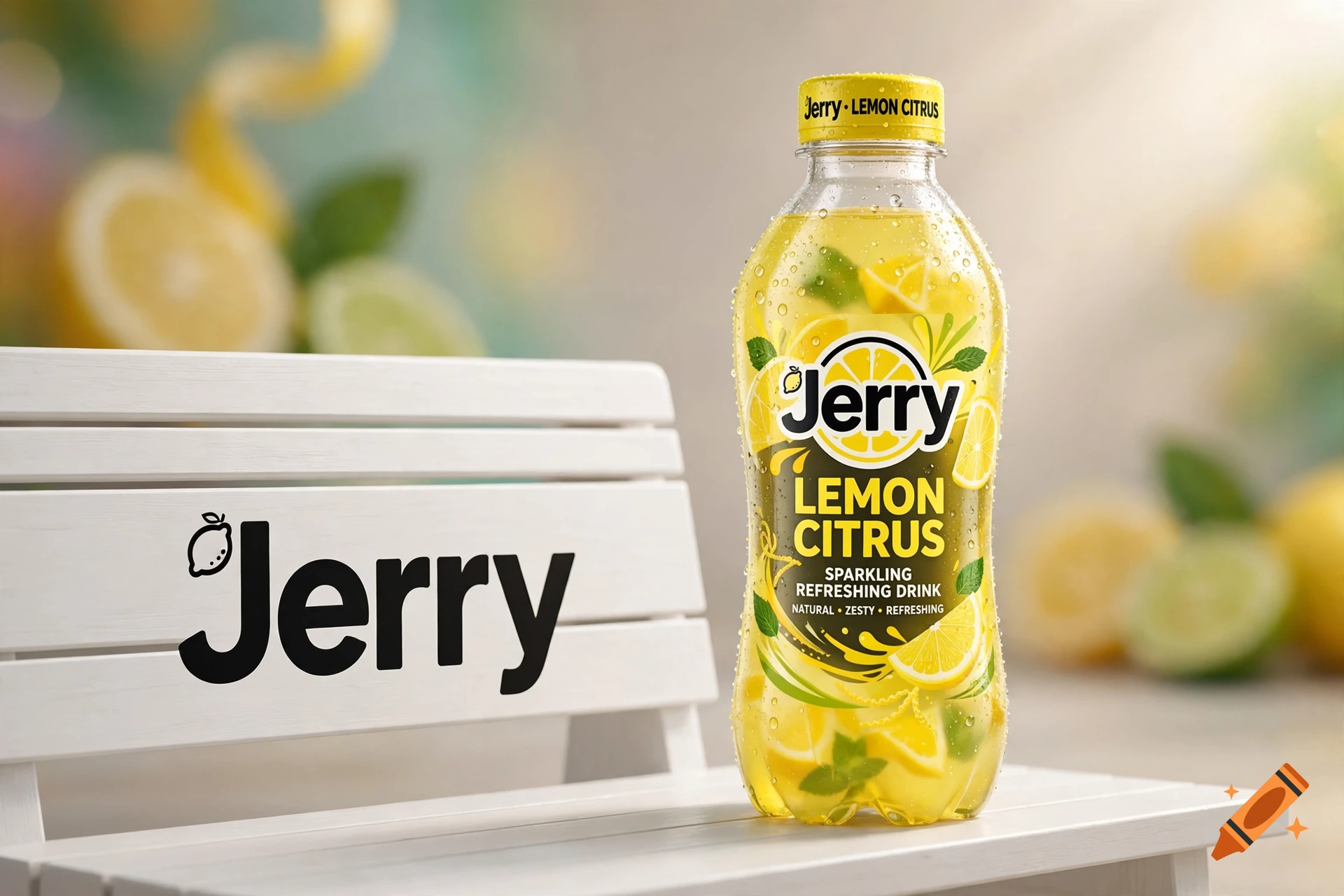 Photorealistic product shot of a lemon citrus drink bottle labeled Jerry, placed on a white wooden bench with the brand name on it.