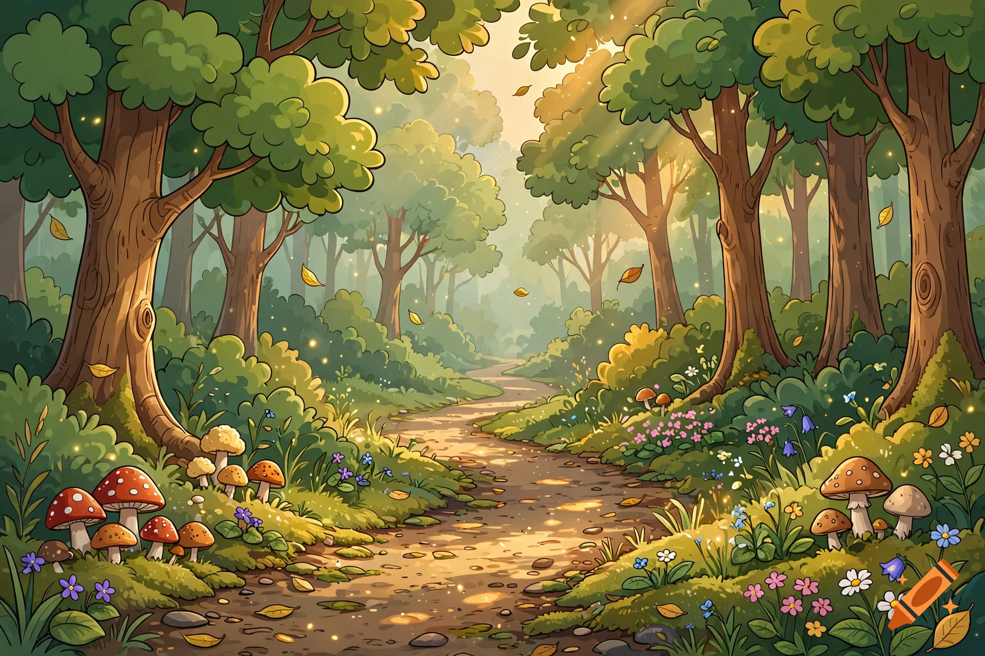 Colorful cartoon illustration of a winding forest path with tall trees, mushrooms, and wildflowers under a sunny canopy.