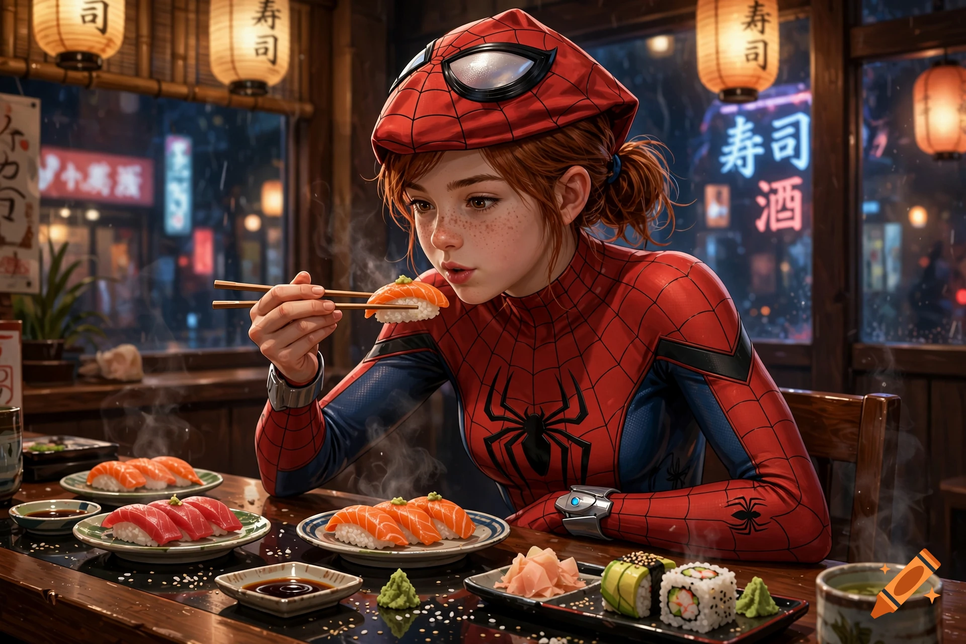 Digital art of Spider-Girl eating sushi in a traditional restaurant with lanterns.