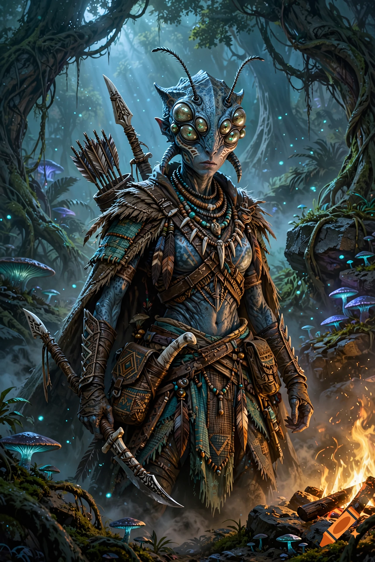 An alien insectoid warrior with compound eyes, holding a dagger in a glowing enchanted forest, digital art style.