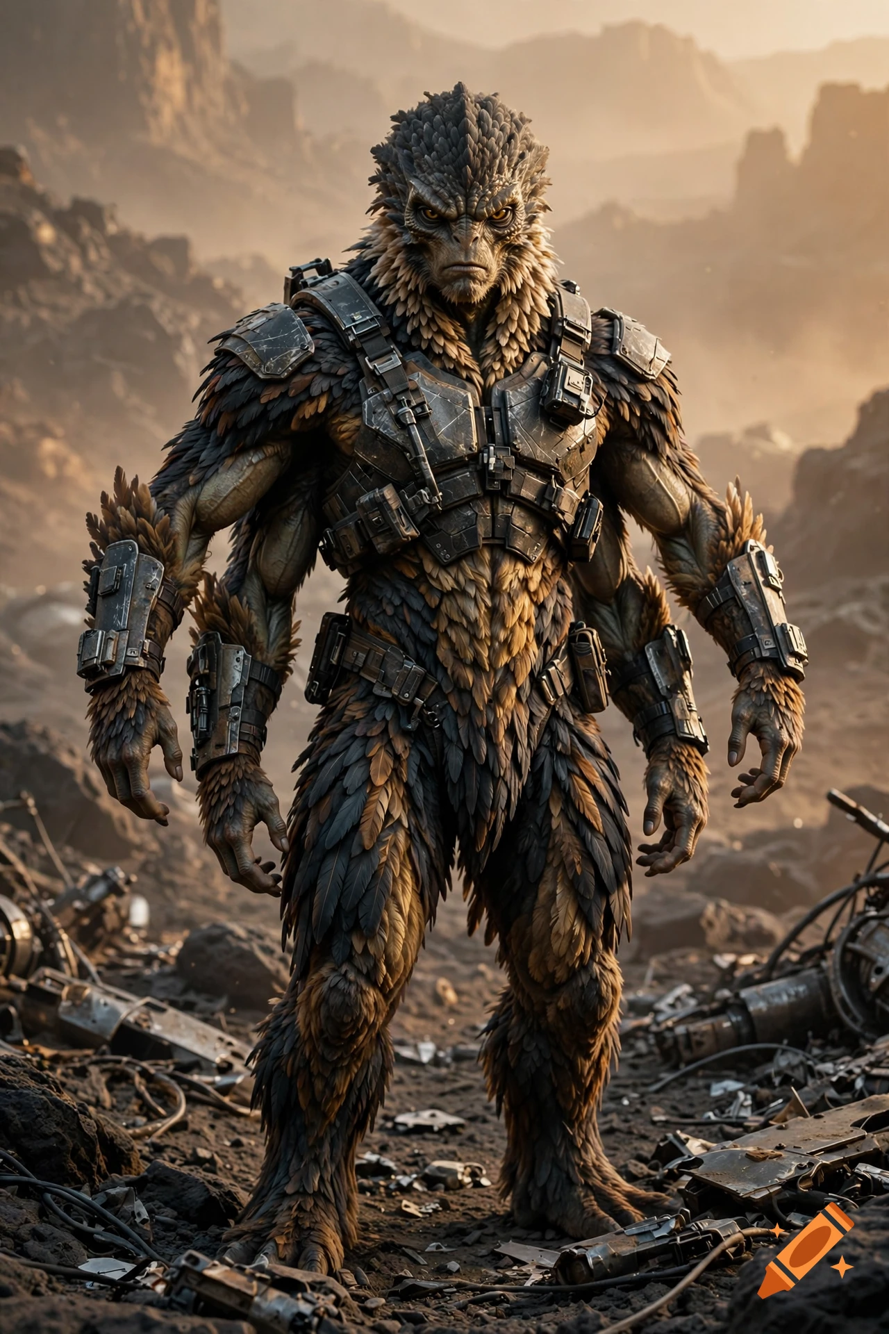 Photorealistic image of a four-armed alien with a body covered in feathers, wearing tactical armor in a rocky wasteland.