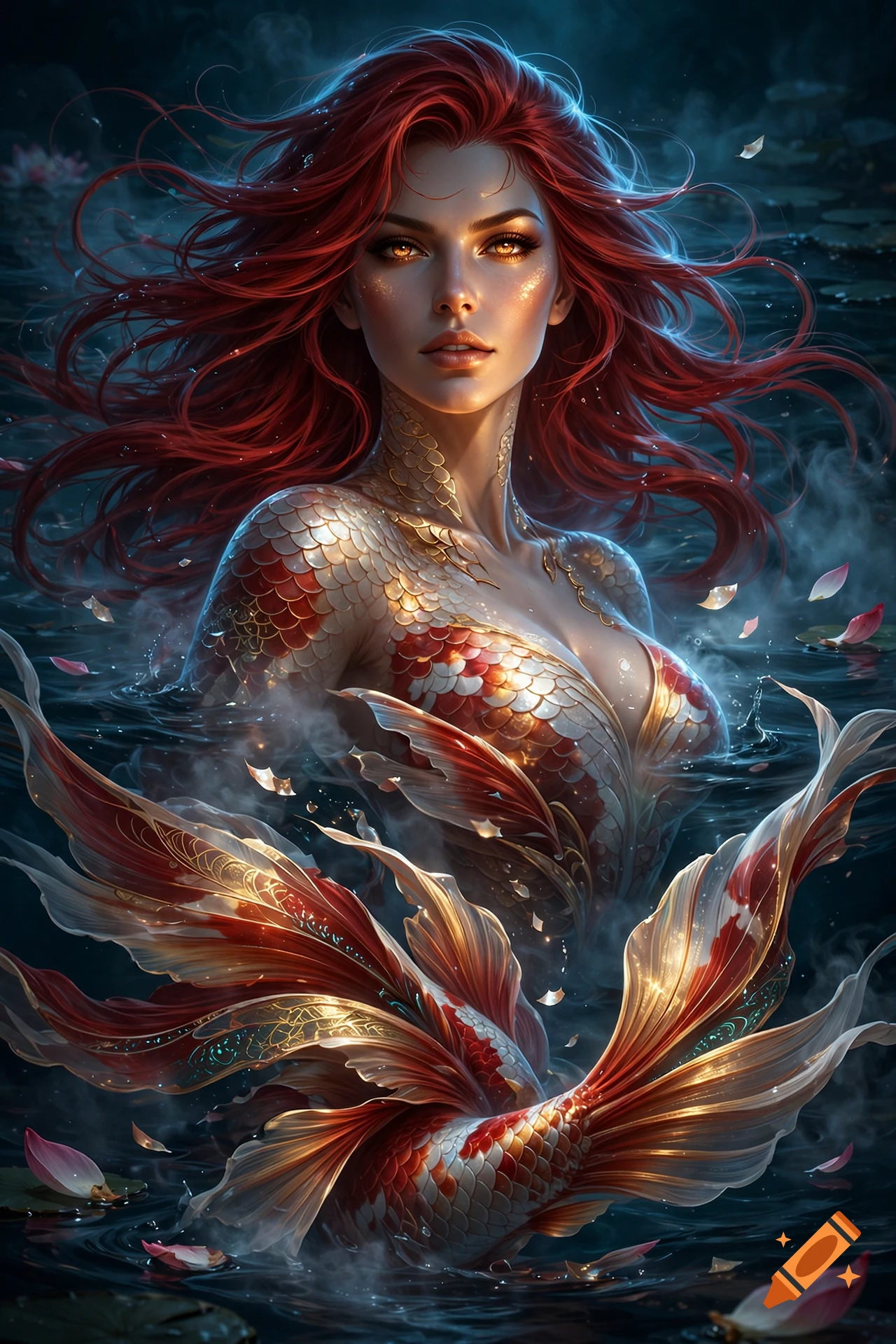 Digital painting of a regal mermaid with red hair, amber eyes, and a koi fish-patterned tail emerging from misty water.