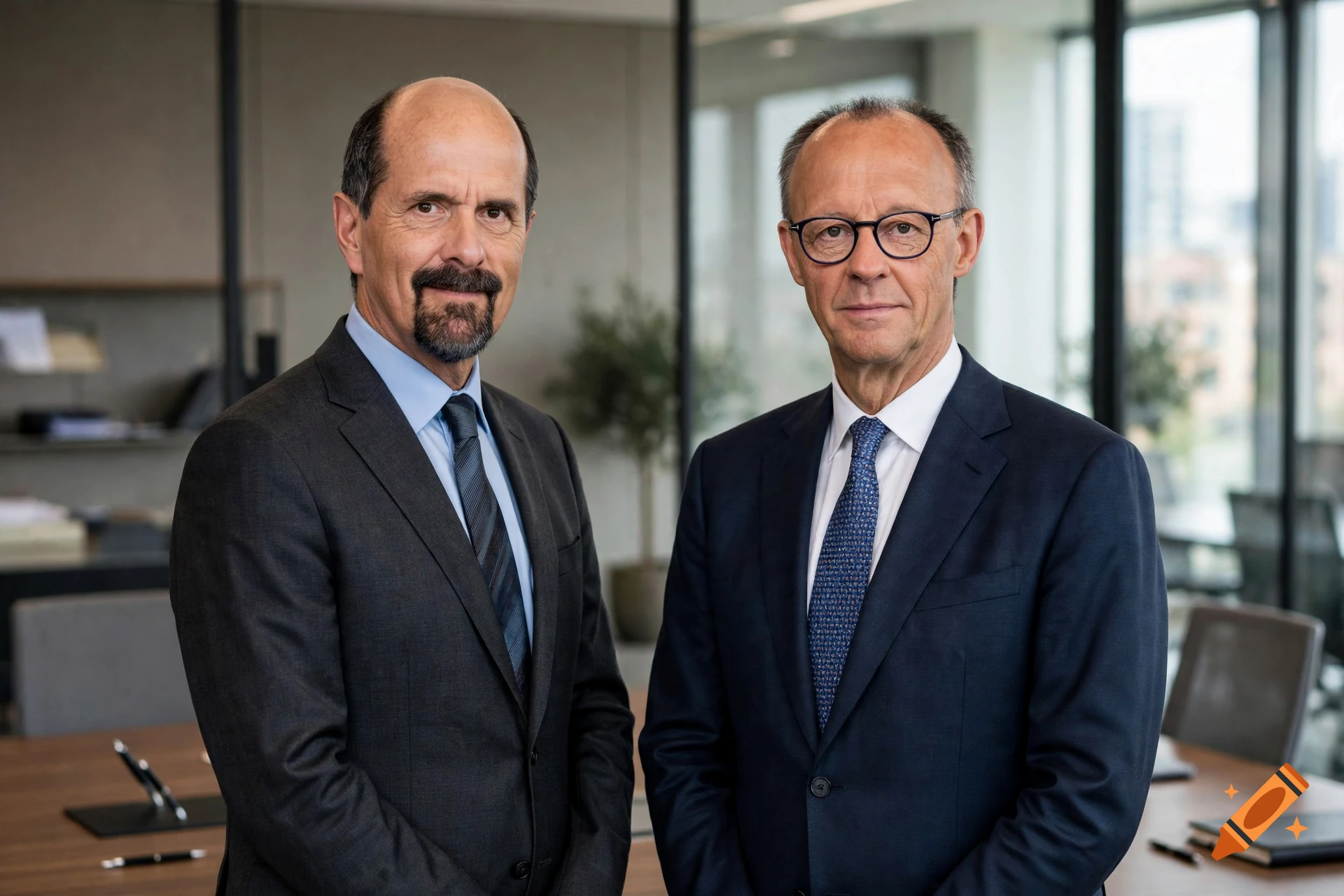 Photorealistic portrait of two middle-aged men in suits standing together in an office setting.