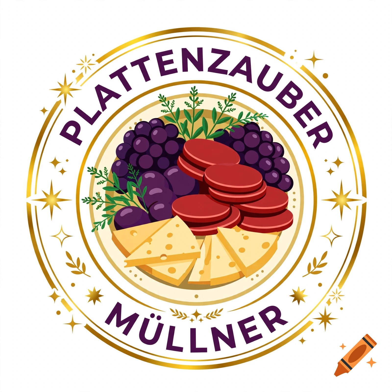Round gold logo for Plattenzauber Müllner with grapes, sausage, and cheese on a white background, vector art style.