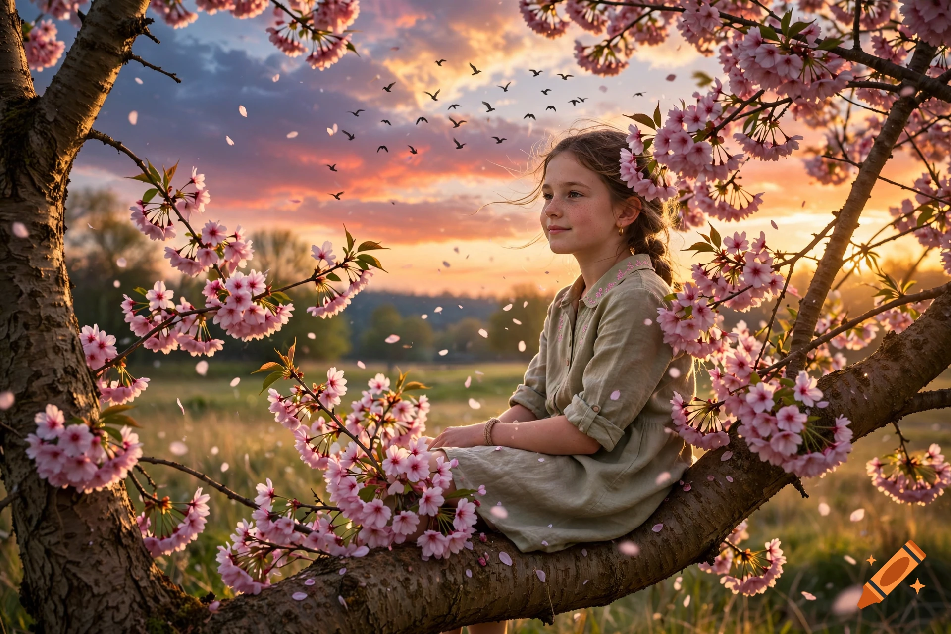 A young girl sitting in a cherry blossom tree at sunset, with a flock of birds flying across the sky, photorealistic style.