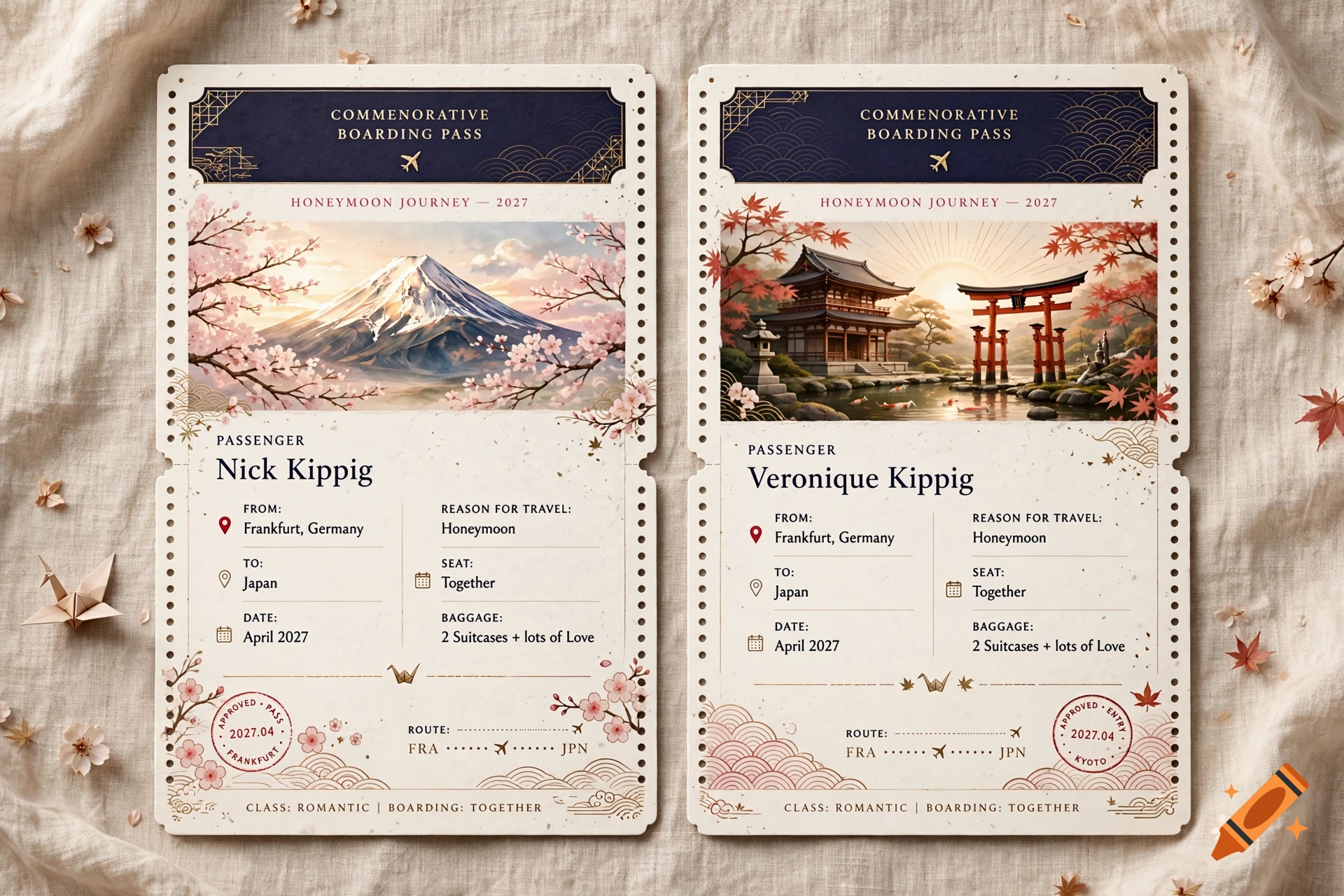 Two commemorative boarding passes for a honeymoon journey to Japan in April 2027, featuring traditional Japanese motifs.