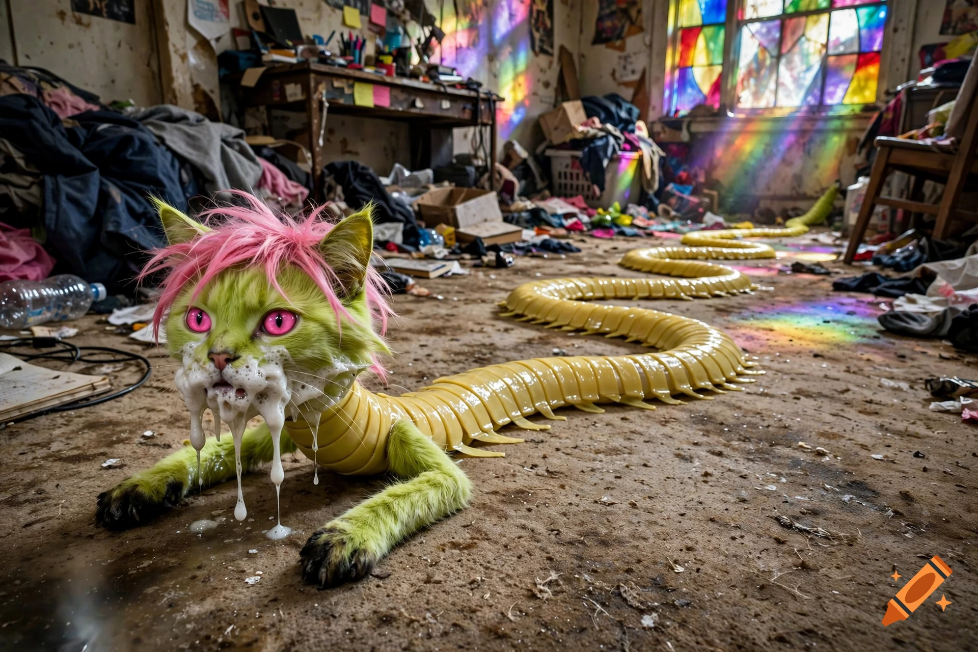 A surreal creature with a green cat head, pink emo hair, and a long segmented tapeworm body lies in a messy room.