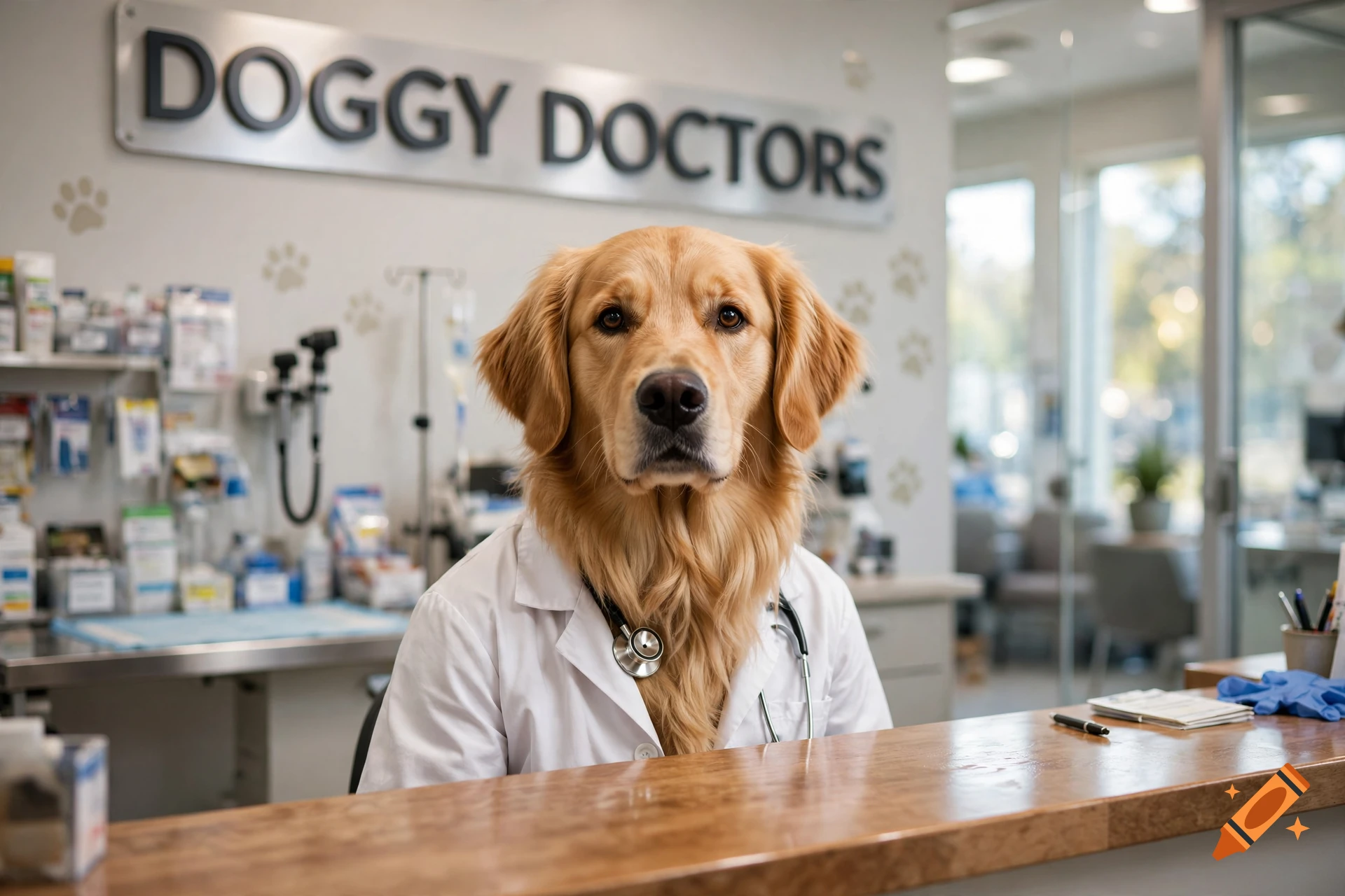 A Golden Retriever wearing a doctor's lab coat and stethoscope stands behind a veterinary clinic reception desk.