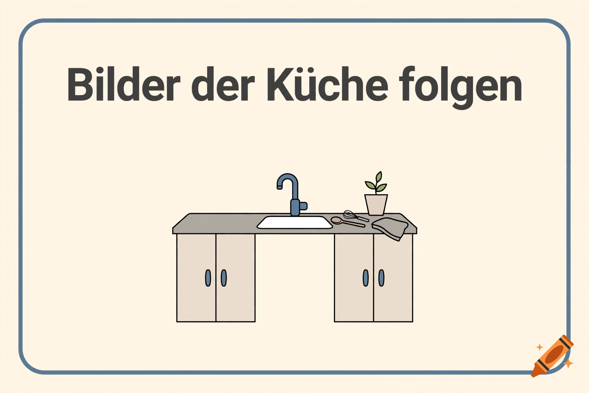 Clipart illustration of a kitchen counter with a sink, plant, and utensils, featuring German text reading 'Bilder der Küche folgen'.