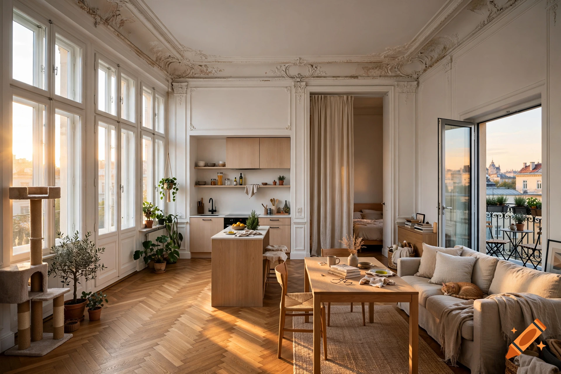Photorealistic interior view of a bright Viennese apartment with herringbone parquet floors, tall windows, and a sleeping cat on a sofa.