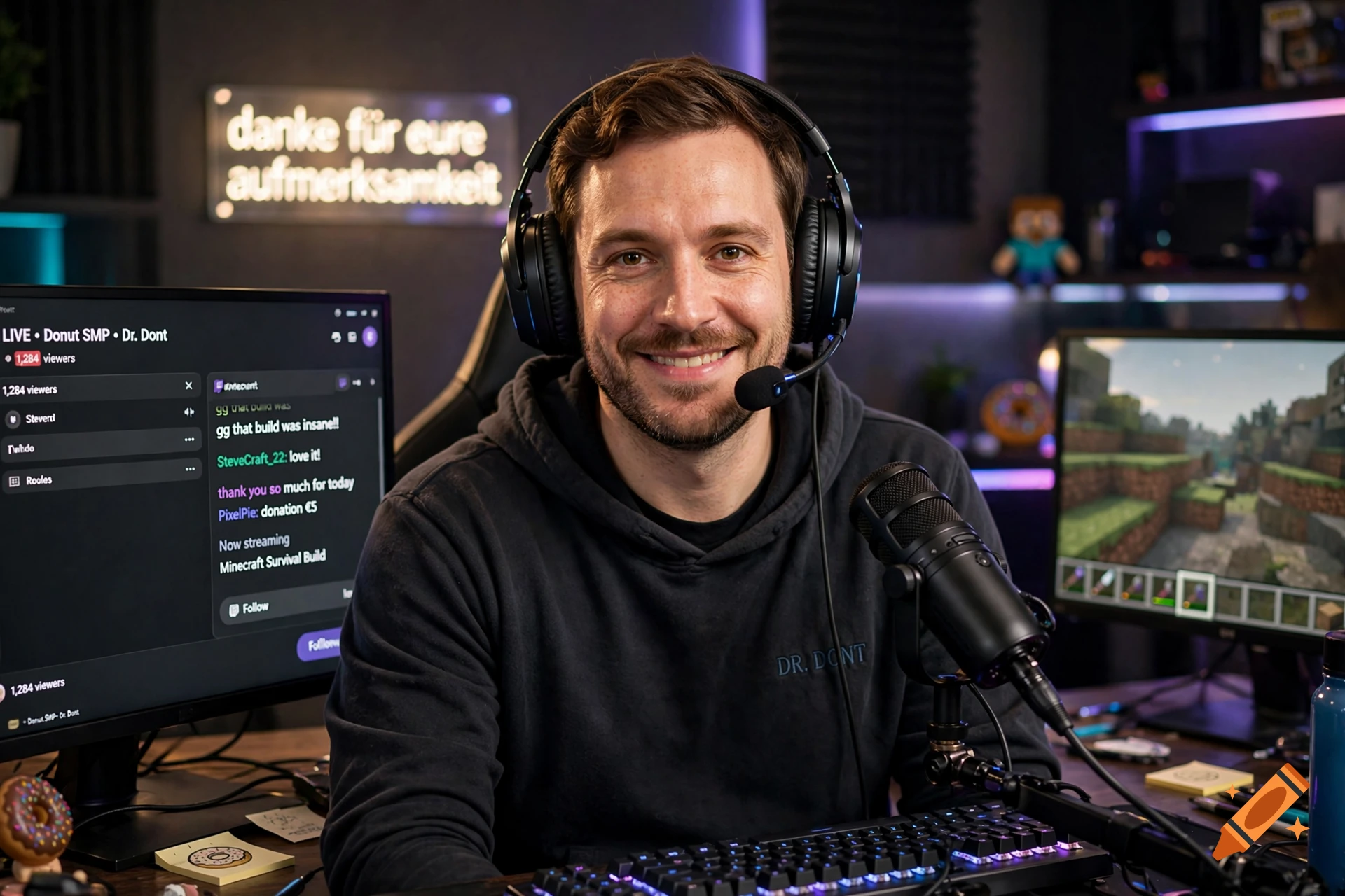 Photorealistic portrait of a male streamer wearing headphones and a hoodie, smiling at the camera in a room with gaming setups.