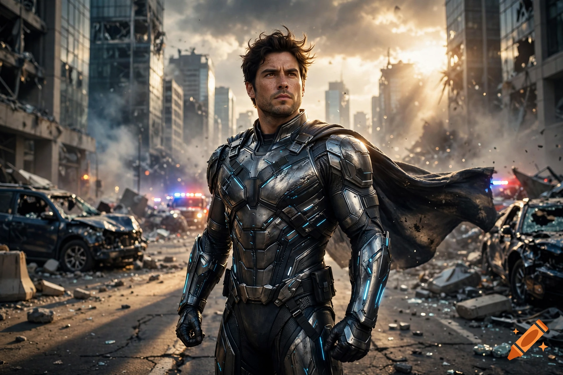 A photorealistic superhero in high-tech silver armor stands amidst a ruined city street with debris and wrecked cars.
