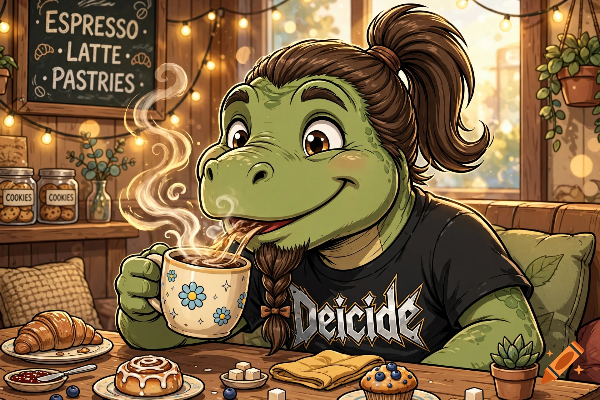 Cartoon illustration of a friendly green dinosaur with a ponytail drinking coffee at a cafe table.