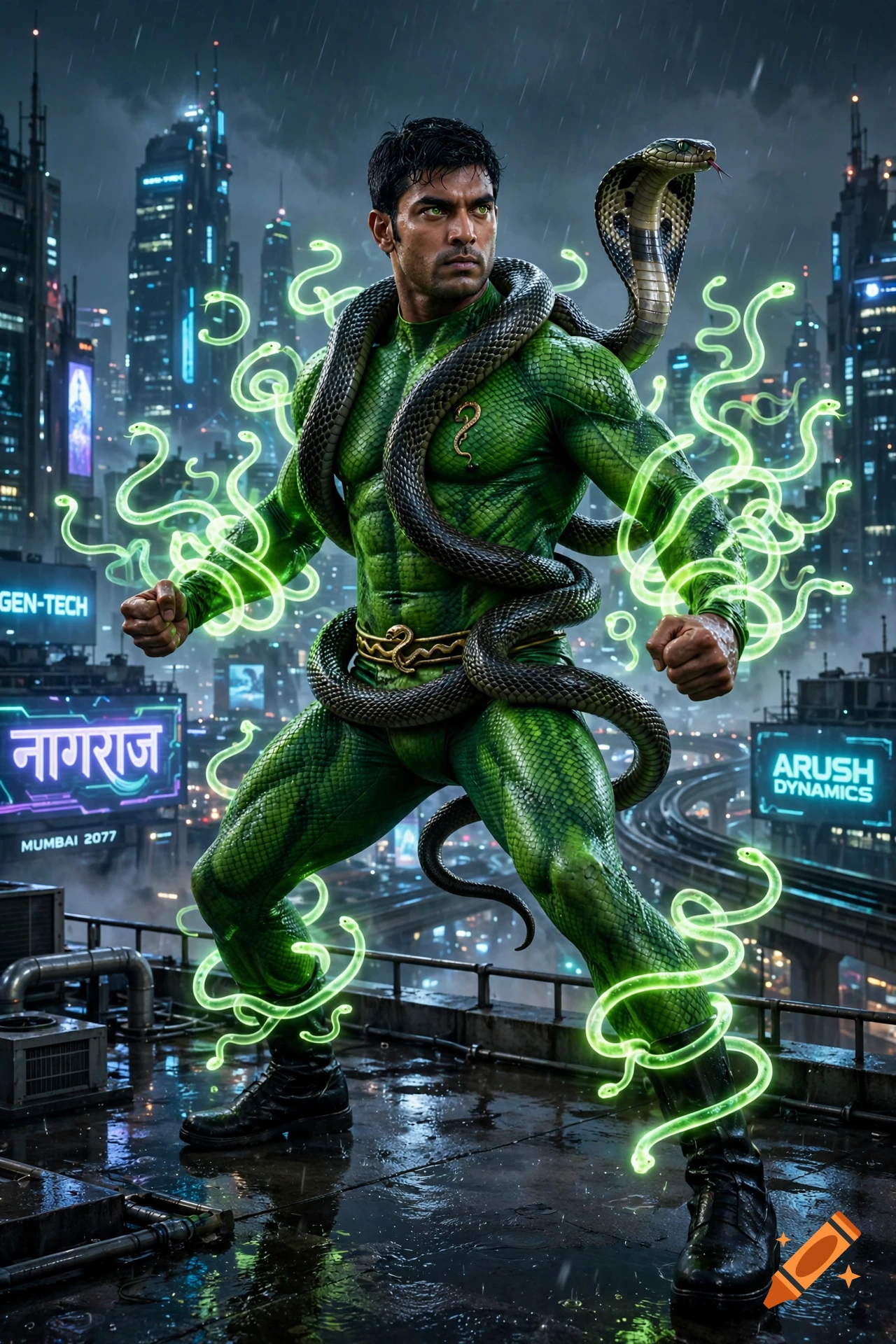 Photorealistic action shot of Indian superhero Nagraj in a green scaly suit with snakes and a glowing energy effect in a futuristic city.