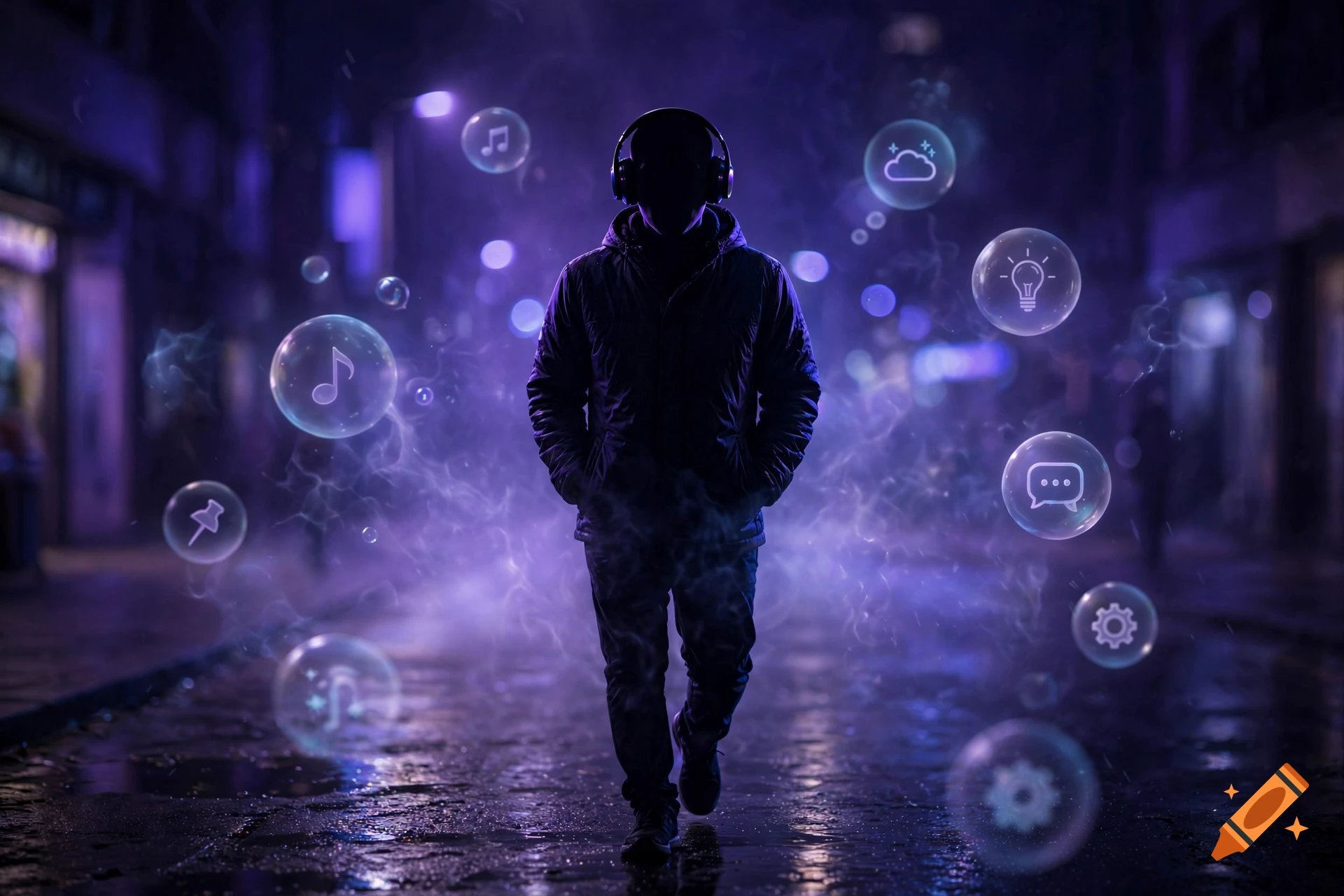 Silhouette of a person wearing headphones walking on a wet night street surrounded by glowing thought bubbles.