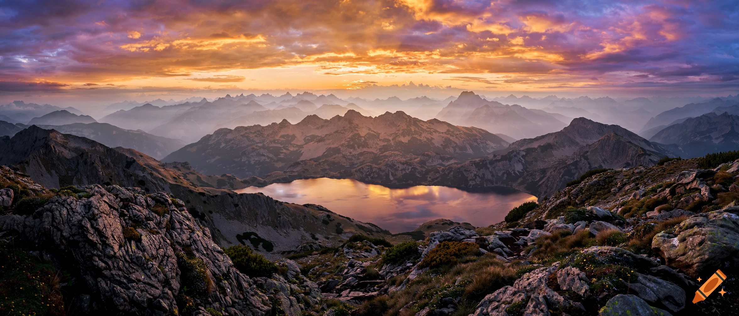 Panoramic view of rugged mountains surrounding a lake at sunset with a colorful, cloudy sky.