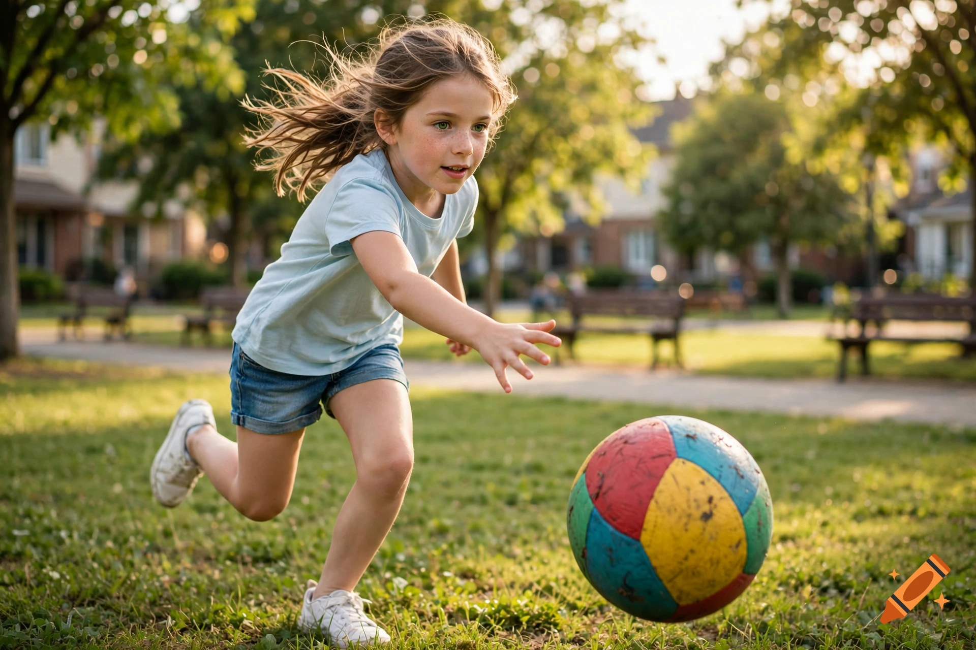 Photorealistic image of a young girl running and playing with a colorful ball in a park.
