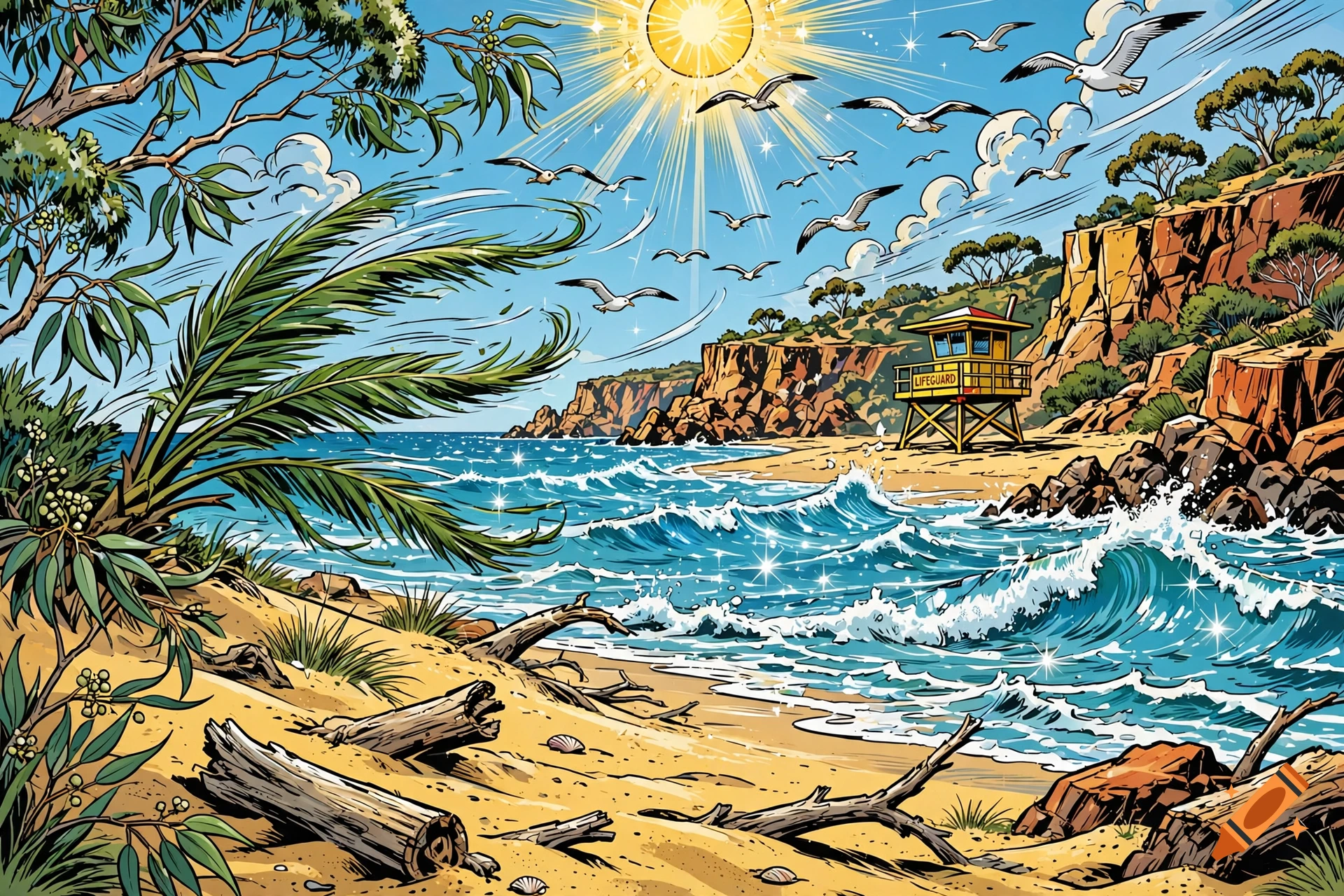 Colorful comic book illustration of an Australian beach with crashing waves, seagulls, and a lifeguard tower under a bright sun.