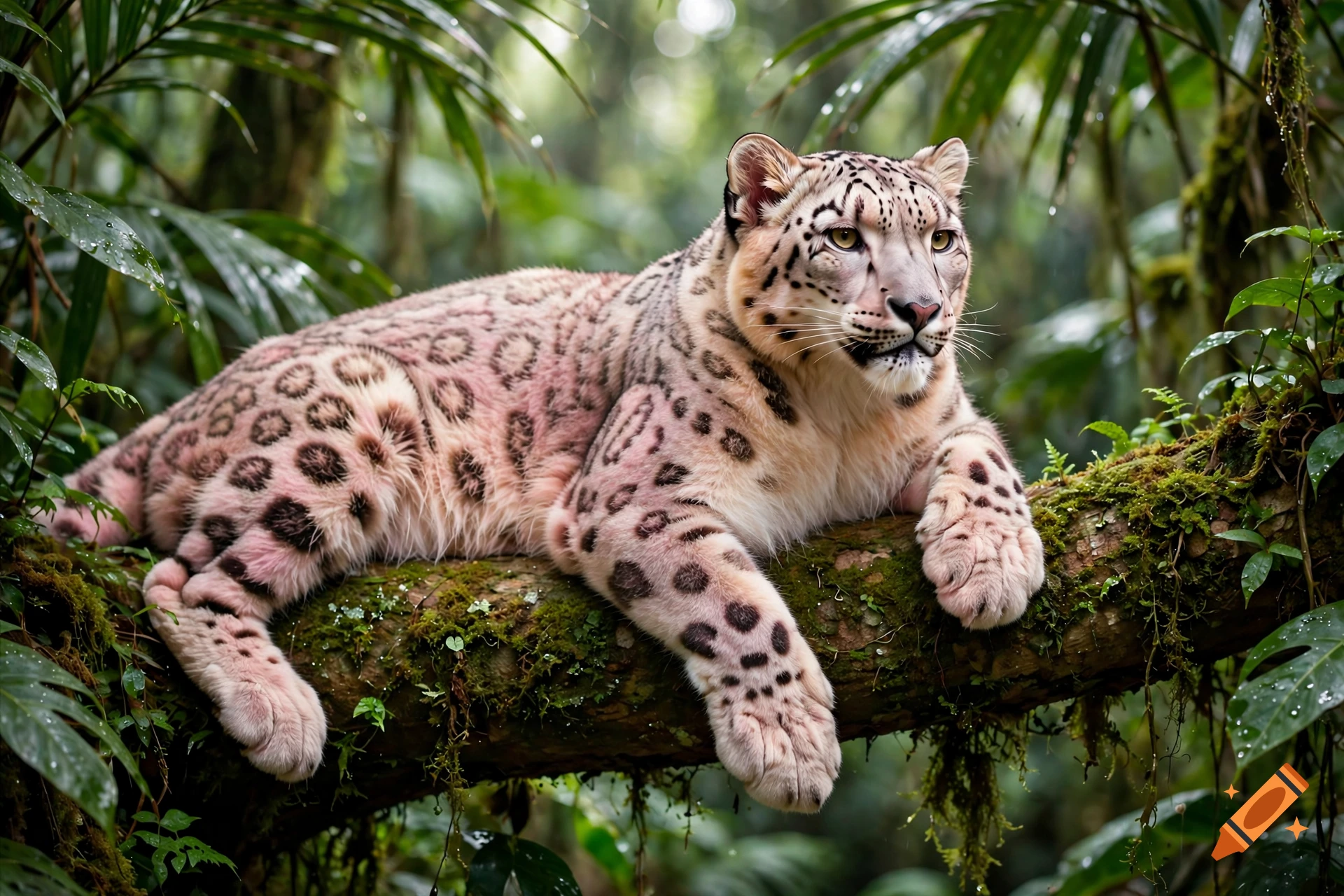 A snow leopard rests lazily on a mossy, thick tree branch surrounded by lush tropical jungle foliage.