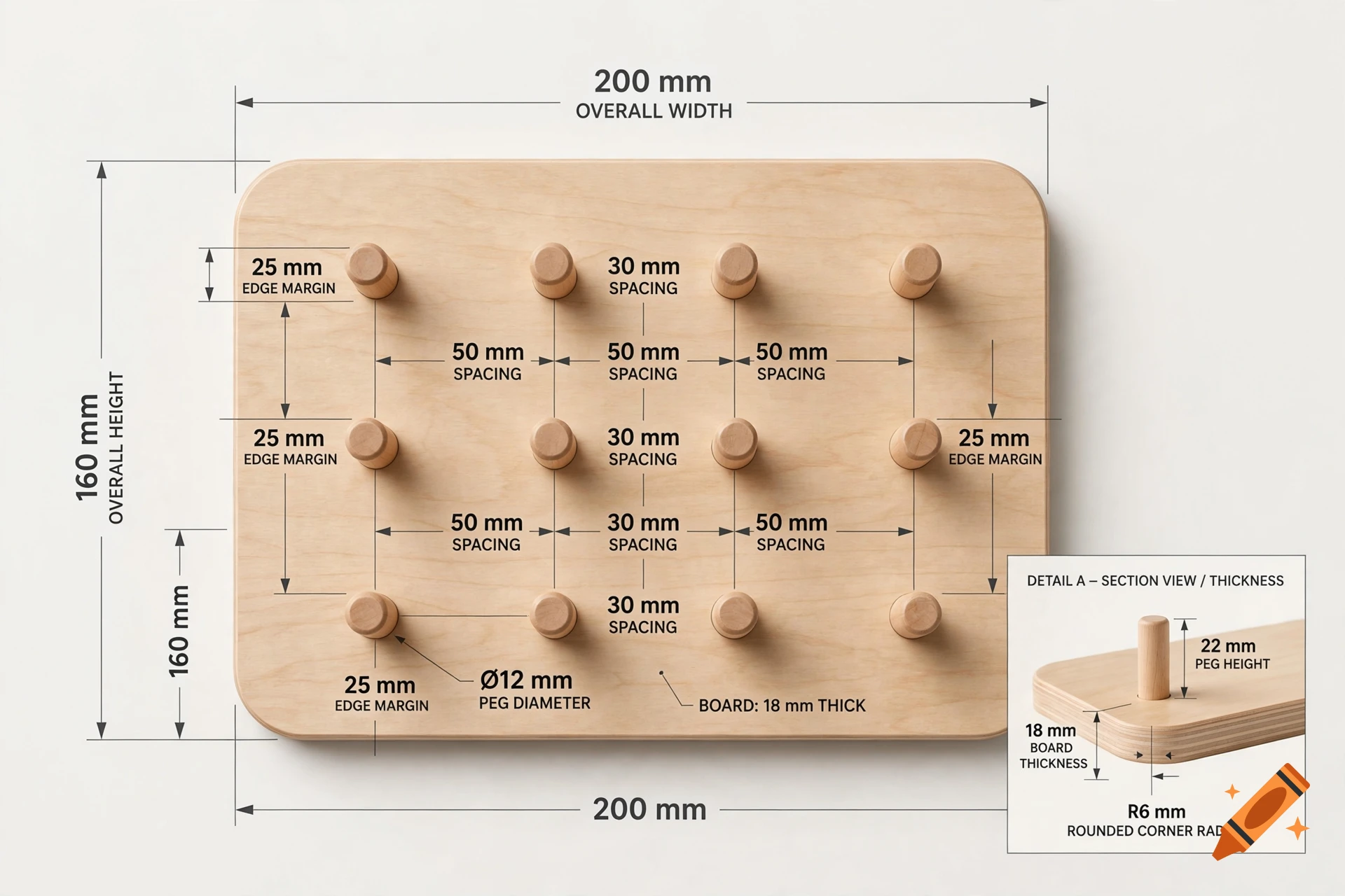 Technical illustration of a wooden knot practice board with pegs, dimensions, and cross-section detail view.
