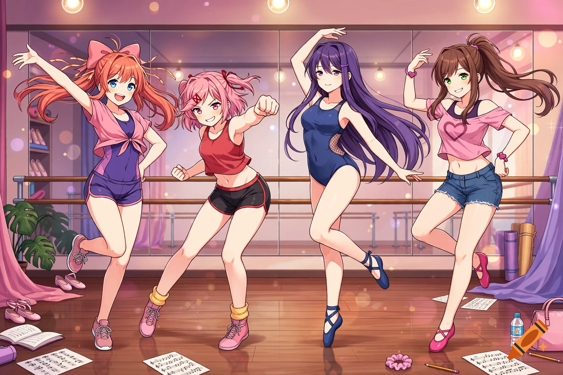 Anime style illustration of four female characters dancing in a studio with a mirrored wall.