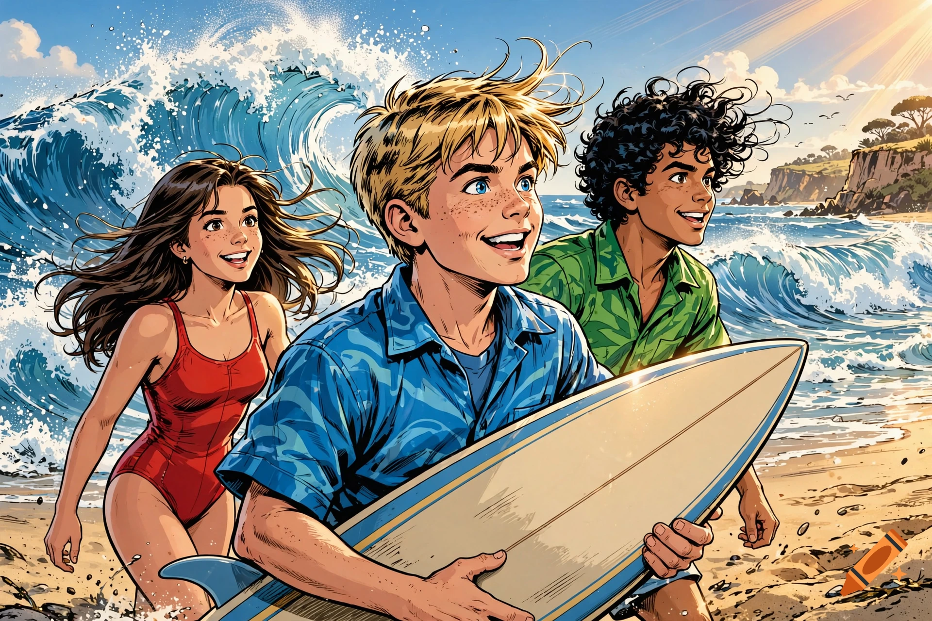 Comic book style illustration of three teenagers with a surfboard on an Australian beach with huge waves in the background.