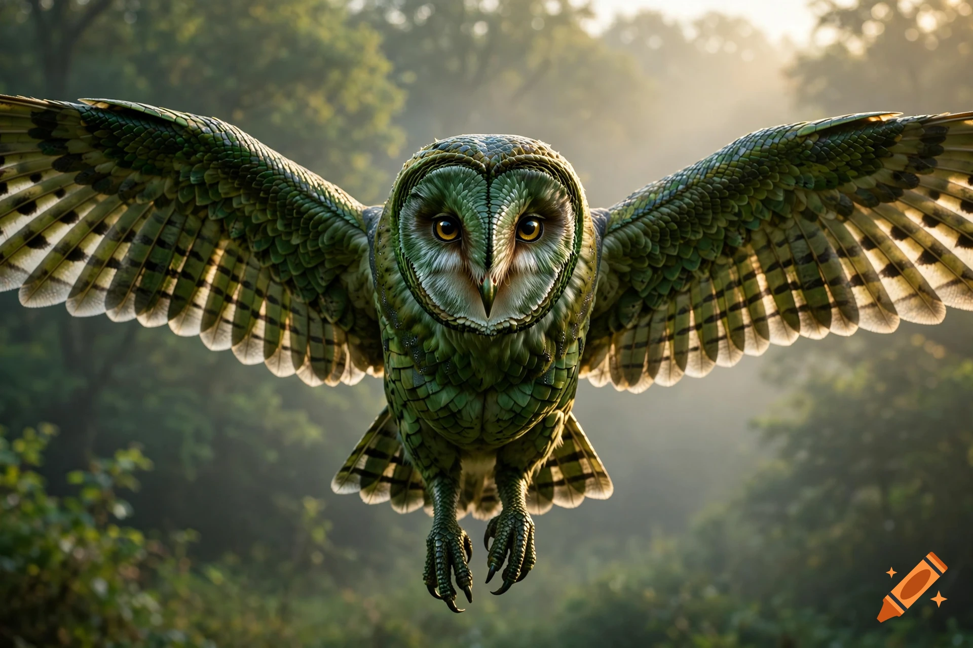Photorealistic barn owl in flight, its body and spread wings covered entirely in green snake scales, set against a misty forest background.