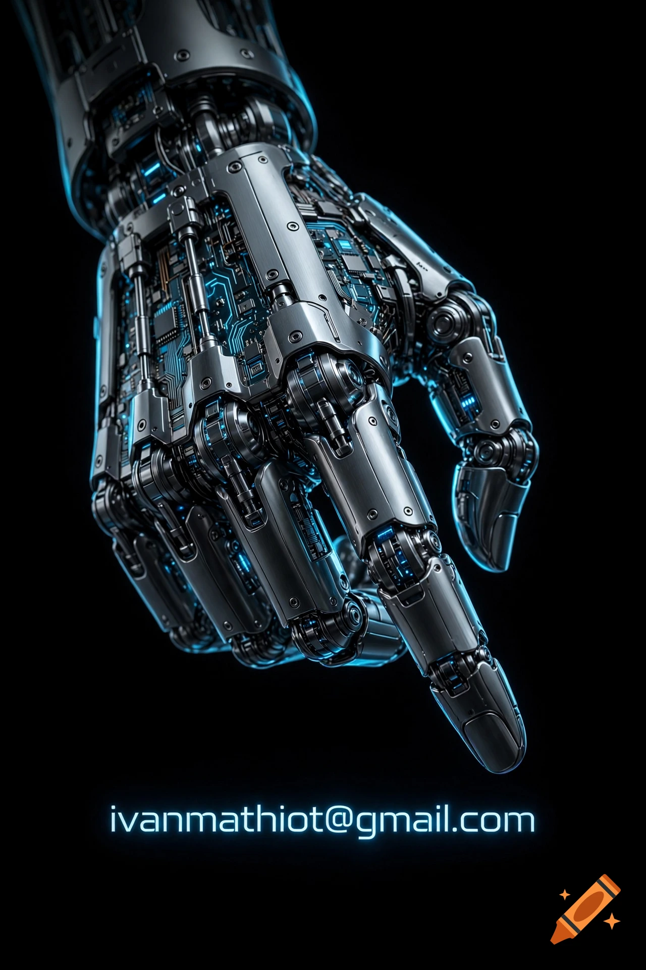 Close-up of a detailed robotic hand pointing downward against a black background, with an email address glowing in blue text below.