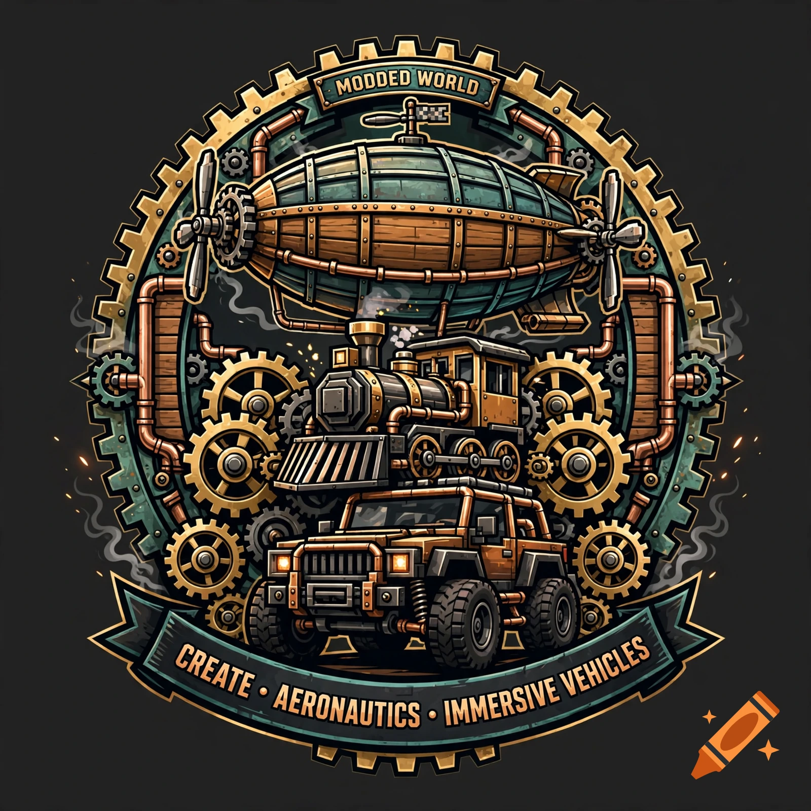 Steampunk logo featuring an airship, train, and off-road vehicle surrounded by gears and mechanical elements, vector style.