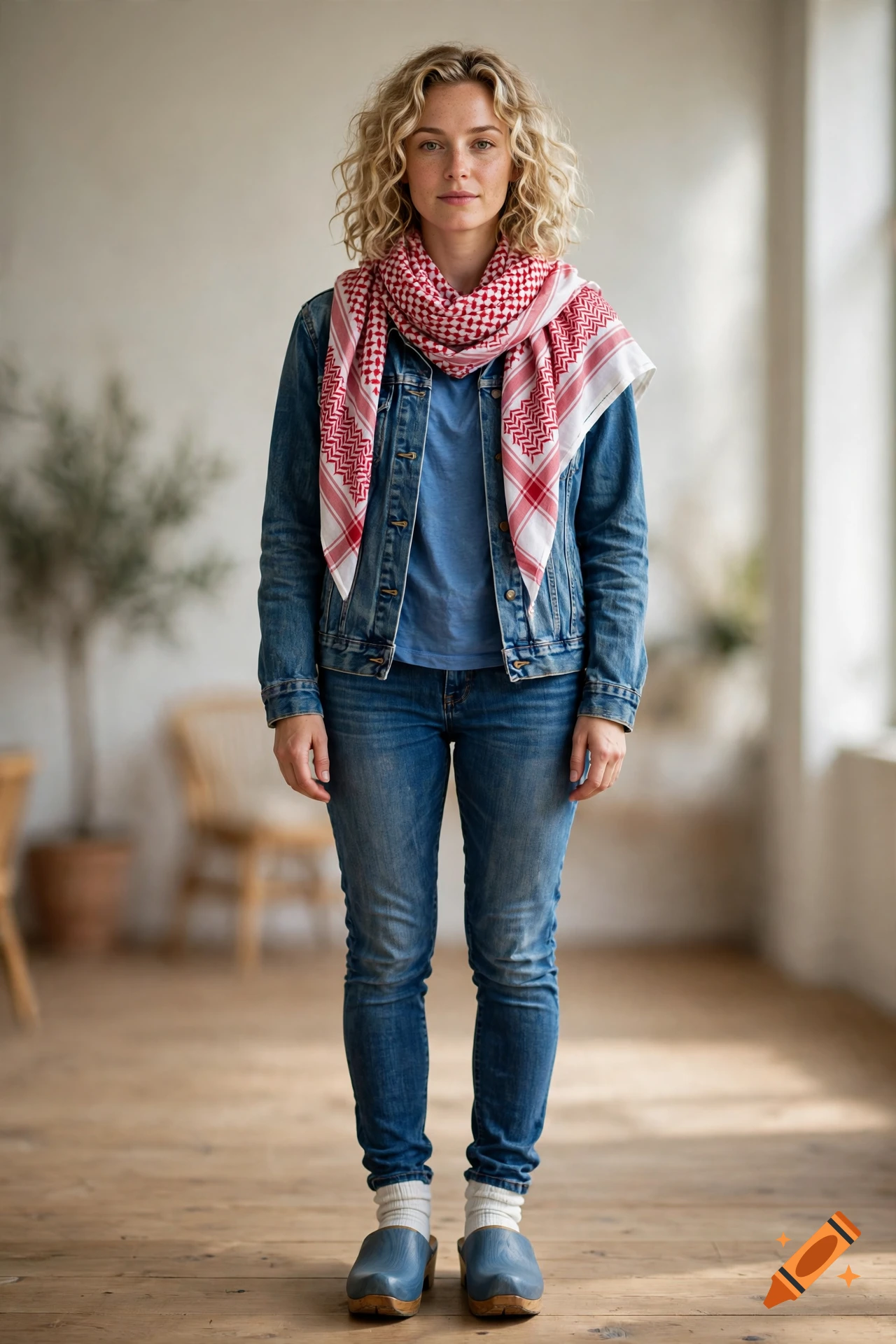 Full-length photorealistic portrait of a young woman with curly blonde hair, wearing a denim jacket, blue jeans, and a red-and-white patterned keffiyeh scarf, standing in a brightly lit room.