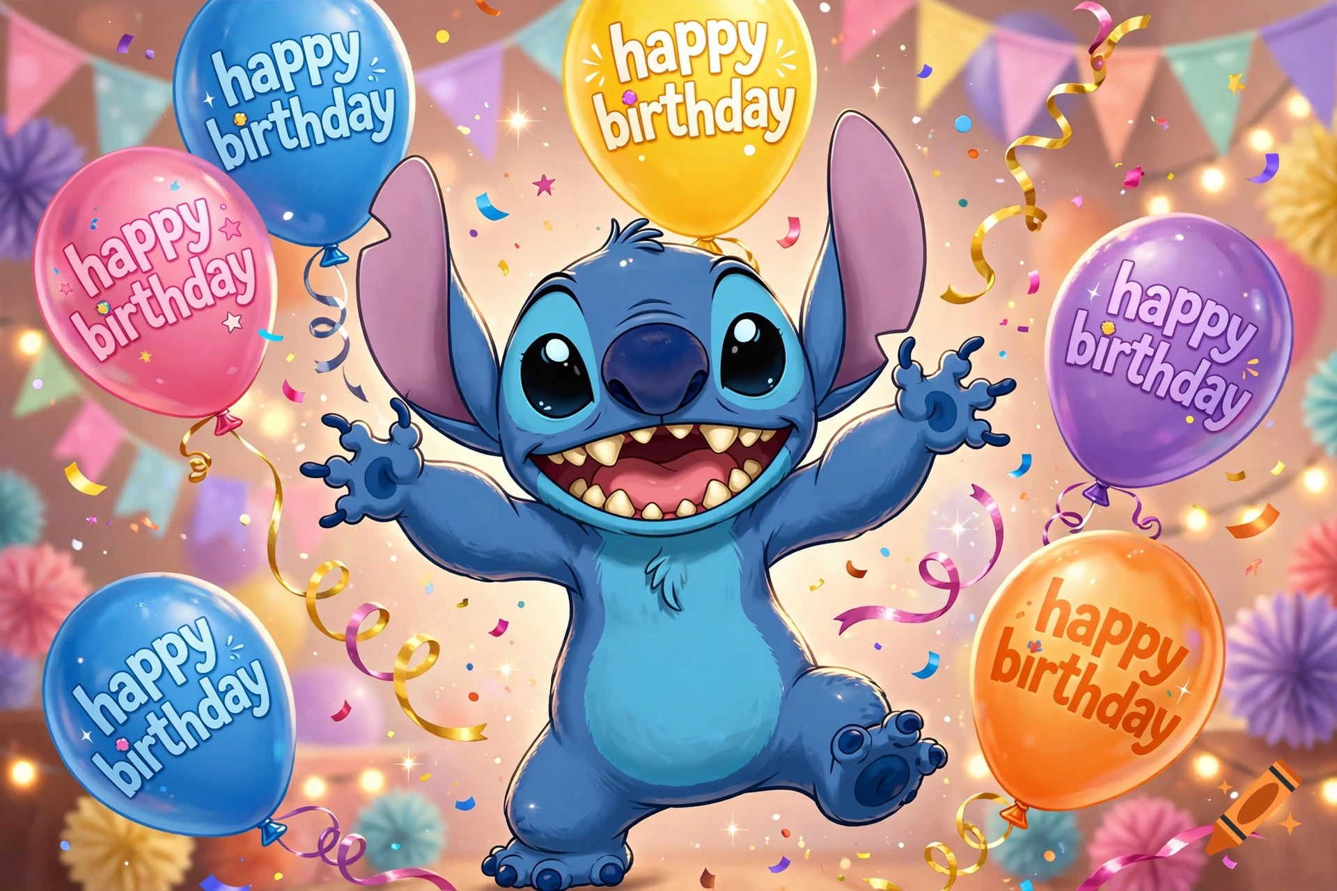 Stitch from Lilo and Stitch with arms raised joyfully, surrounded by colorful balloons with 'happy birthday' text and festive party decorations.