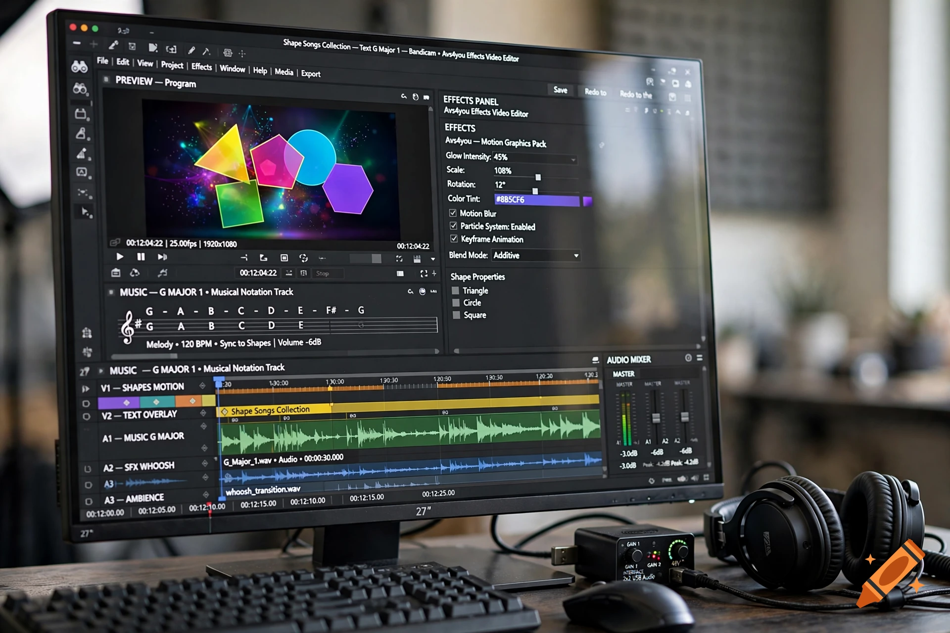 A computer monitor displaying video editing software with a timeline and preview window, alongside a keyboard, mouse, audio interface, and headphones.