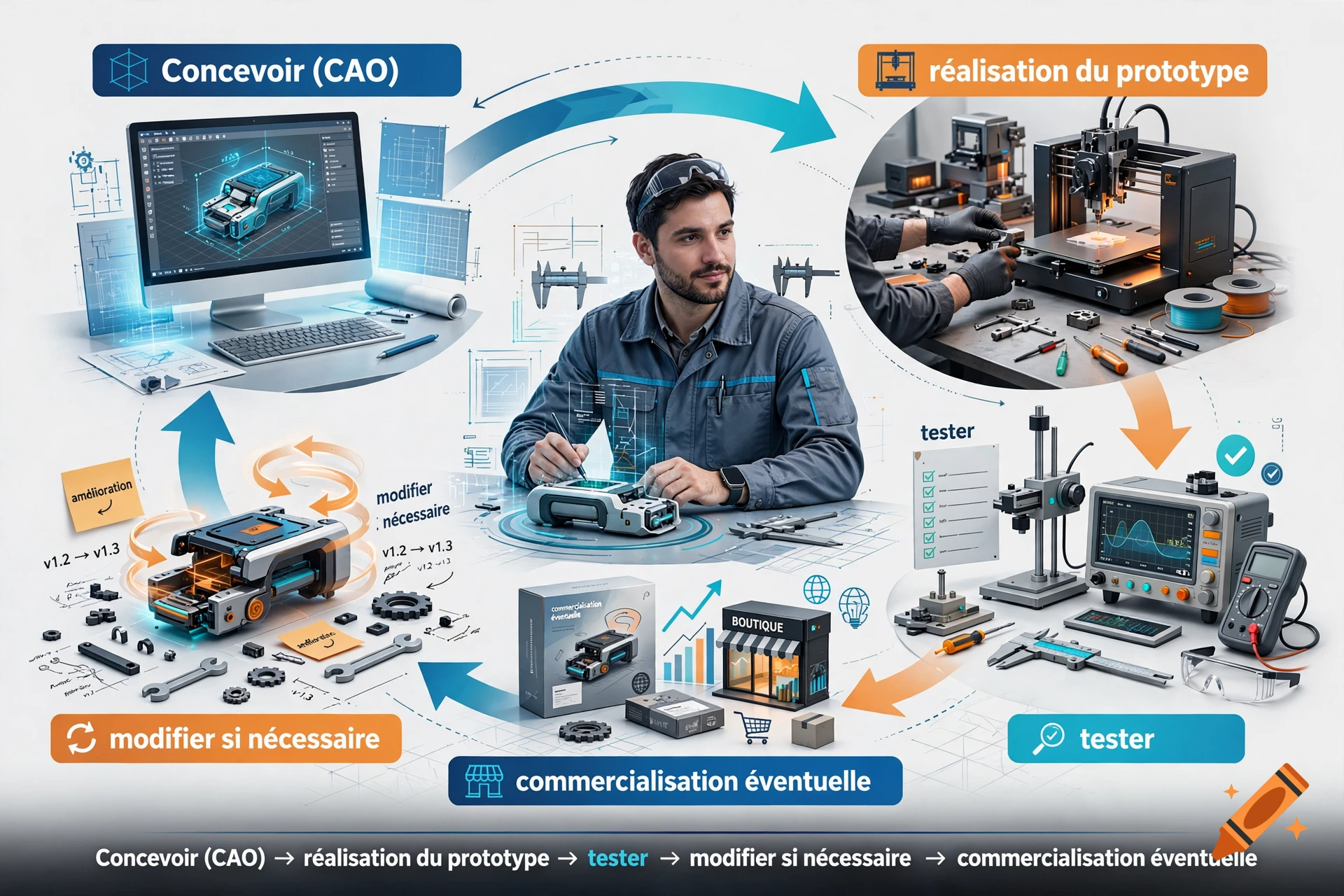 An infographic diagram illustrating a five-step production process from design to commercialization with an engineer working in the center.