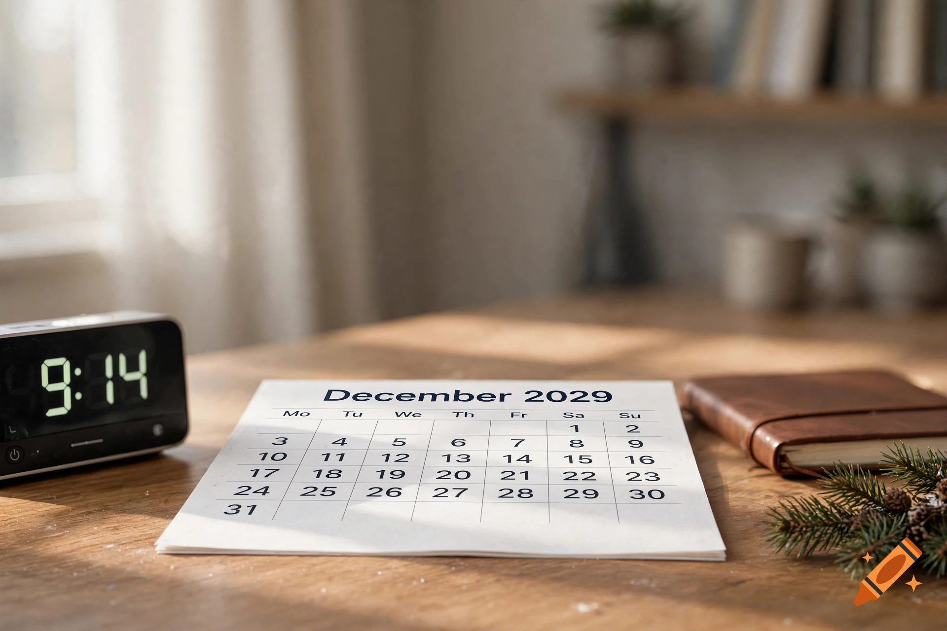 Photorealistic image of a December 2029 calendar on a wooden desk next to a digital clock and a notebook.