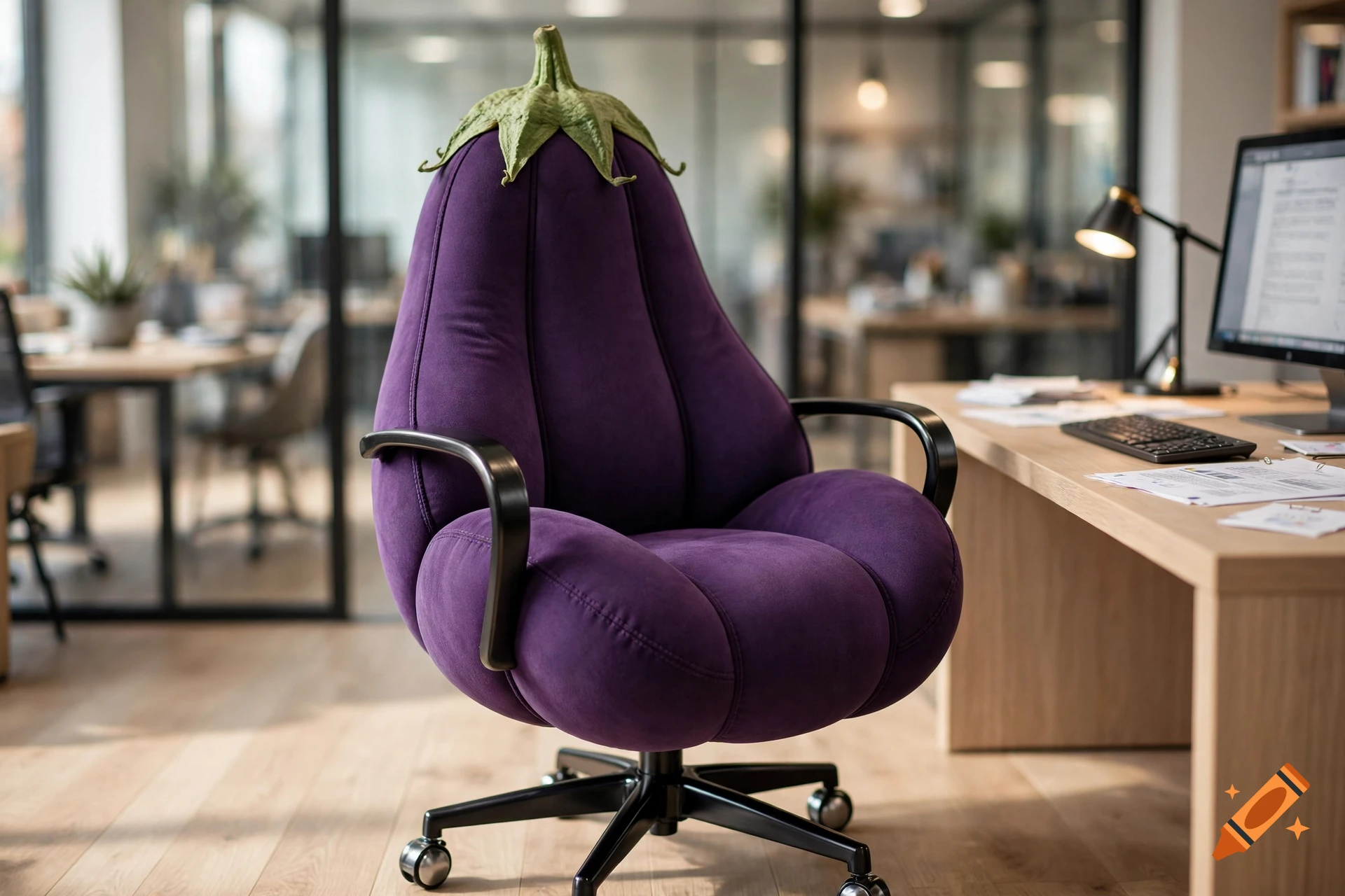 Photorealistic image of a unique purple velvet office chair shaped like an eggplant, placed in a modern office.