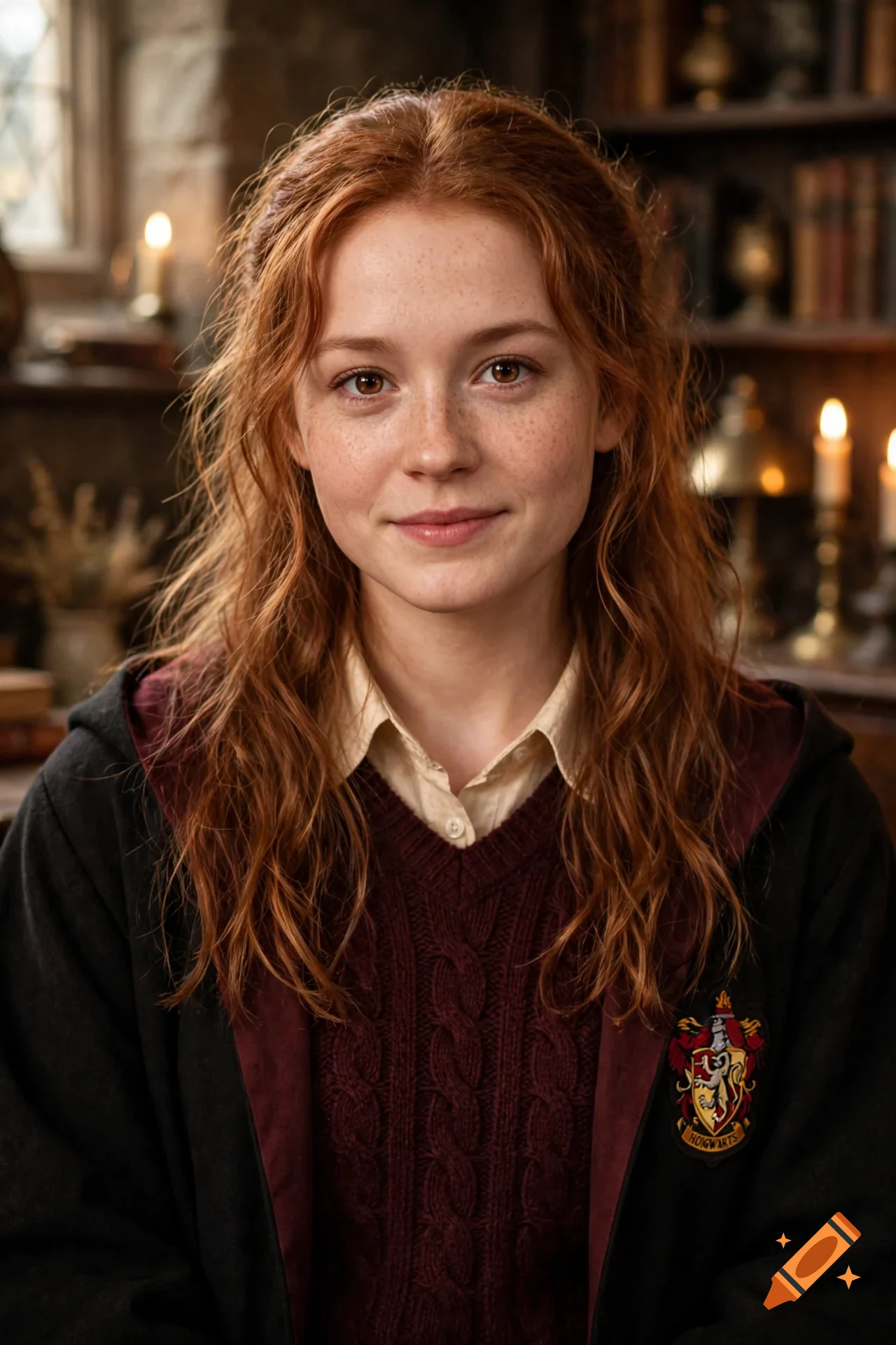 Photorealistic portrait of a young woman with red hair, freckles, and a Hogwarts uniform.