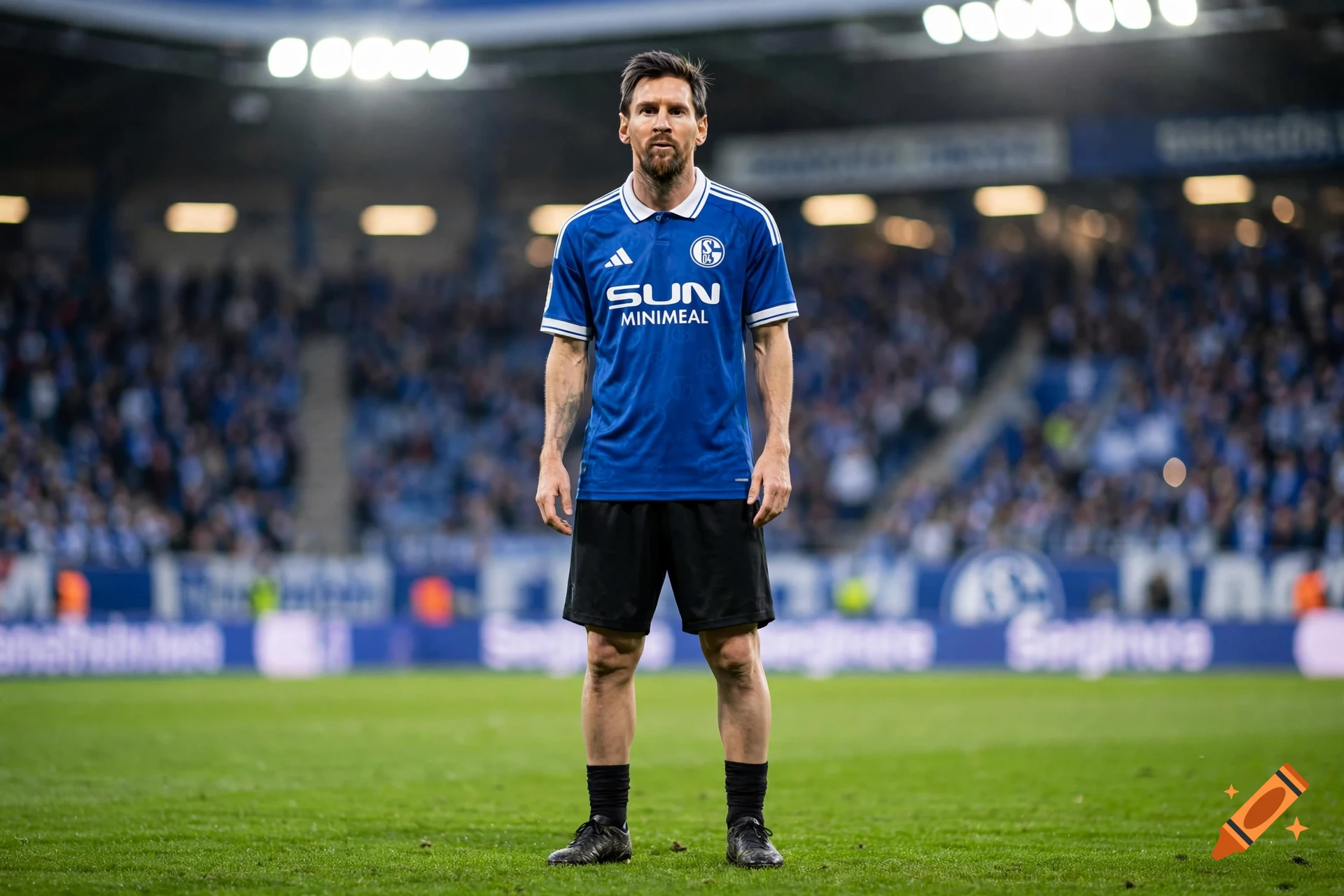 A full-length photo of a male soccer player standing on a green field in a stadium, wearing a blue jersey and black shorts.