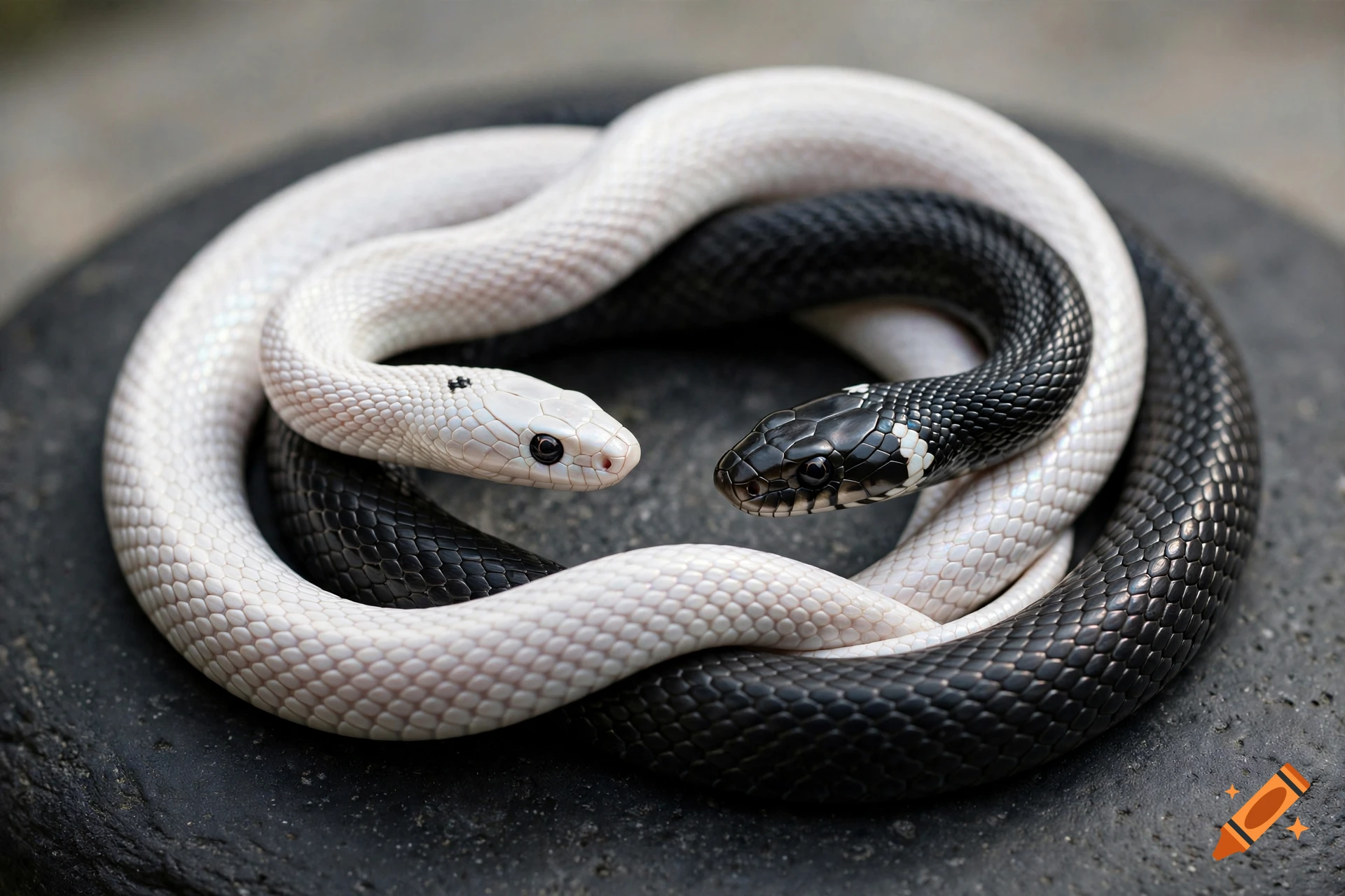 Photorealistic image of a white snake and a black snake coiled together in a yin yang shape on a dark stone surface.