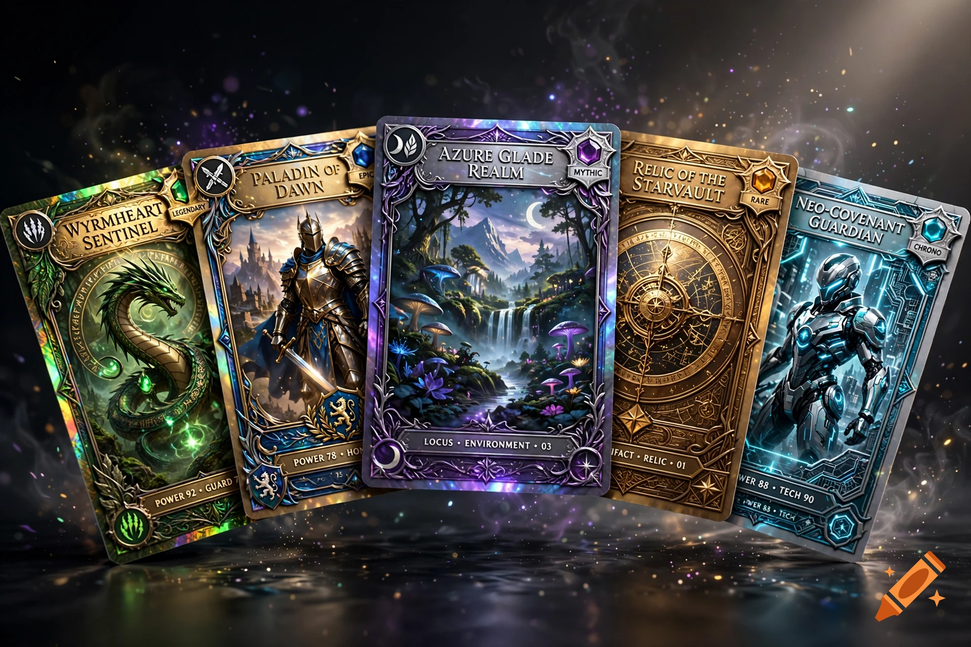 Five fantasy trading cards with detailed artwork of a dragon, knight, forest, compass, and robot, arranged in a row.