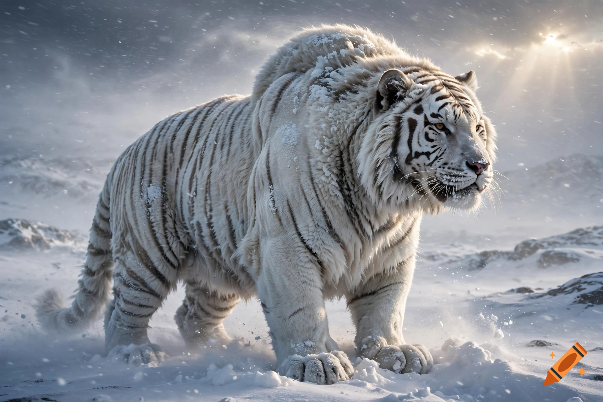 Photorealistic image of a massive prehistoric white tiger with a grizzly bear hump standing in a heavy snowstorm.