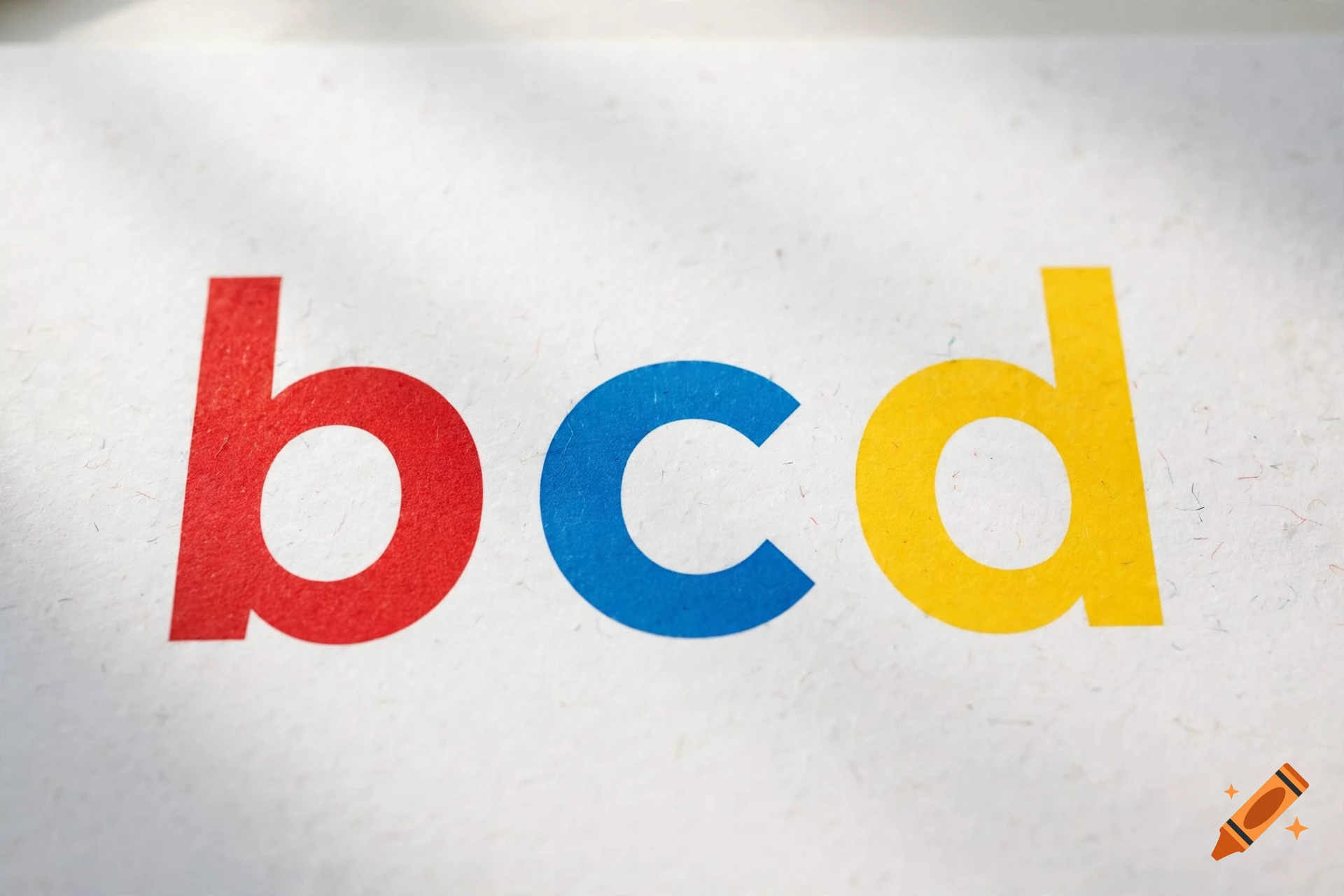 Colorful lowercase letters b, c, and d printed on textured white paper.