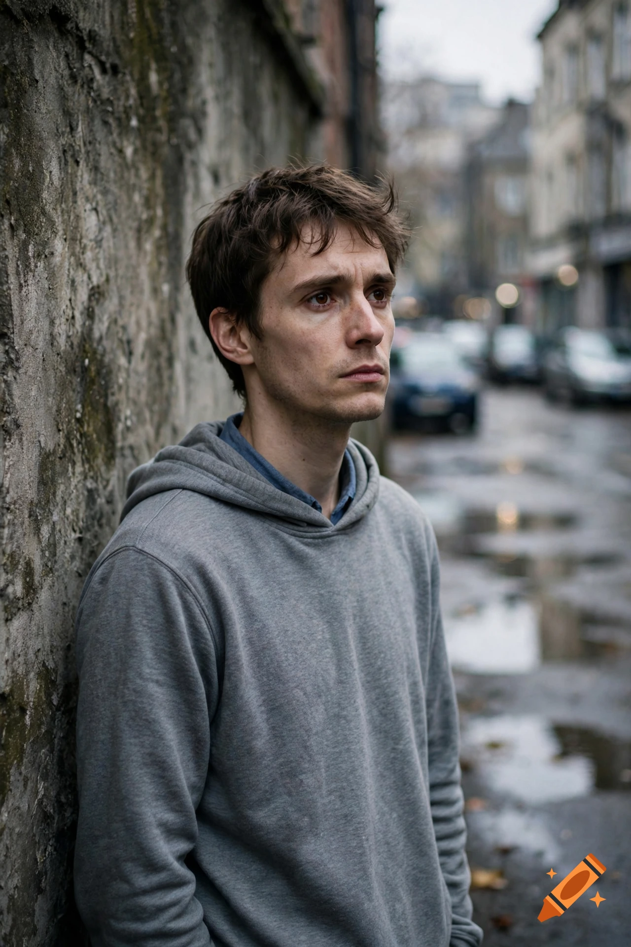 Photorealistic portrait of a young man wearing a grey hoodie leaning against a weathered stone wall in an alleyway.