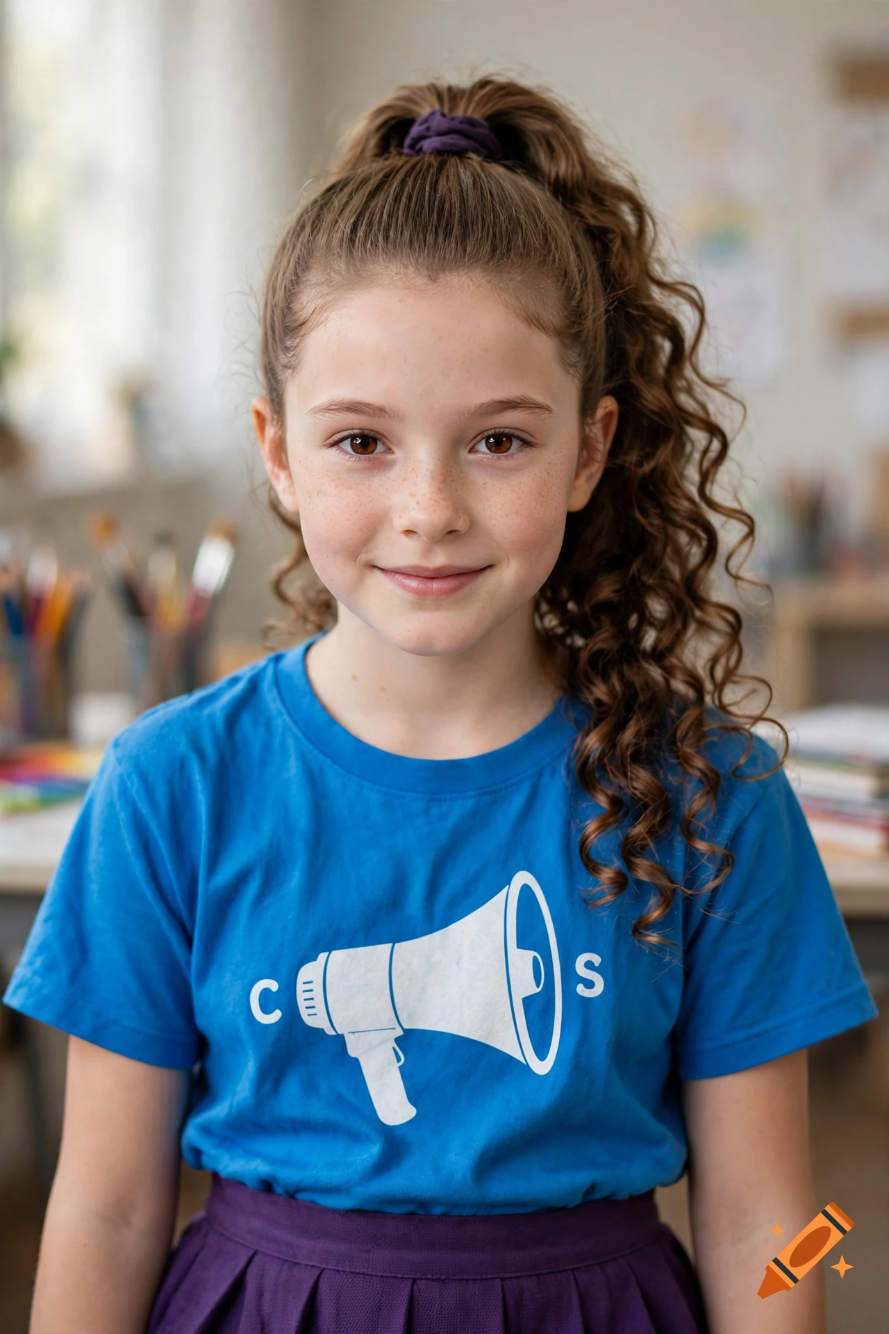 Photorealistic portrait of a young girl with curly hair in a ponytail, smiling while wearing a blue t-shirt with a megaphone and the letters c and s.