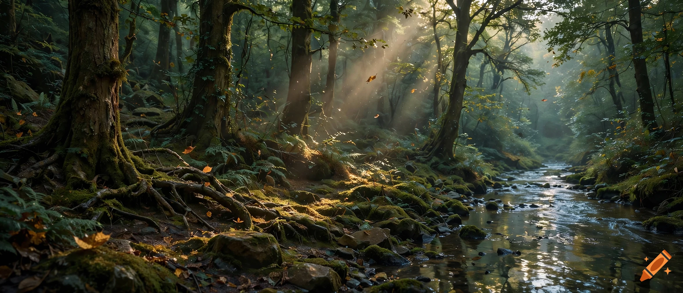Photorealistic forest with sunbeams filtering through trees, mossy roots, and a small winding stream.