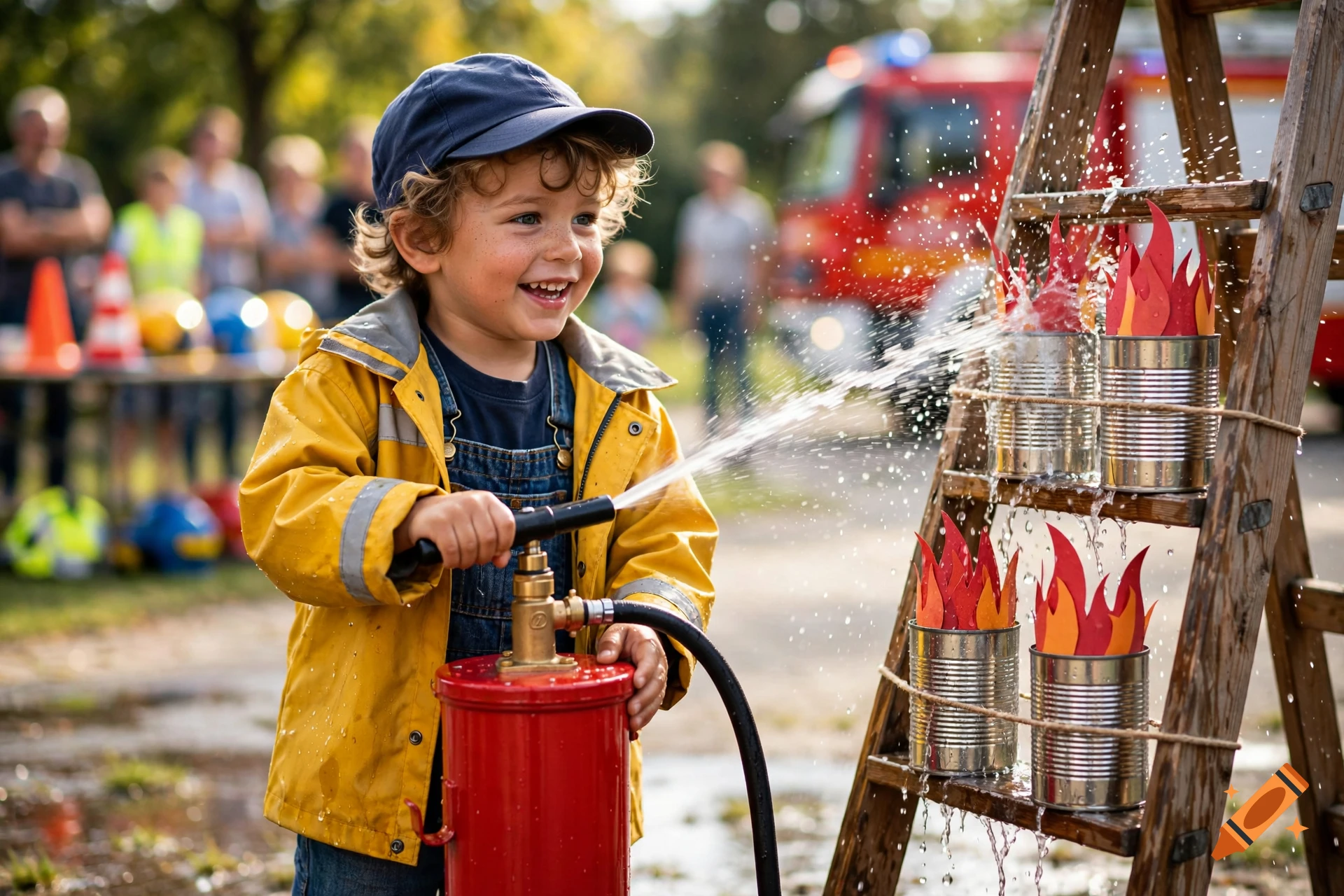 A 5-year-old child in a yellow raincoat operating a hand-pump fire extinguisher at a fire station open house, photorealistic.