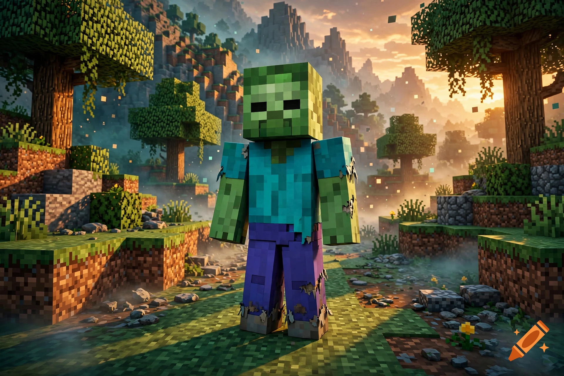 Minecraft zombie standing in a blocky forest landscape during a sunset.