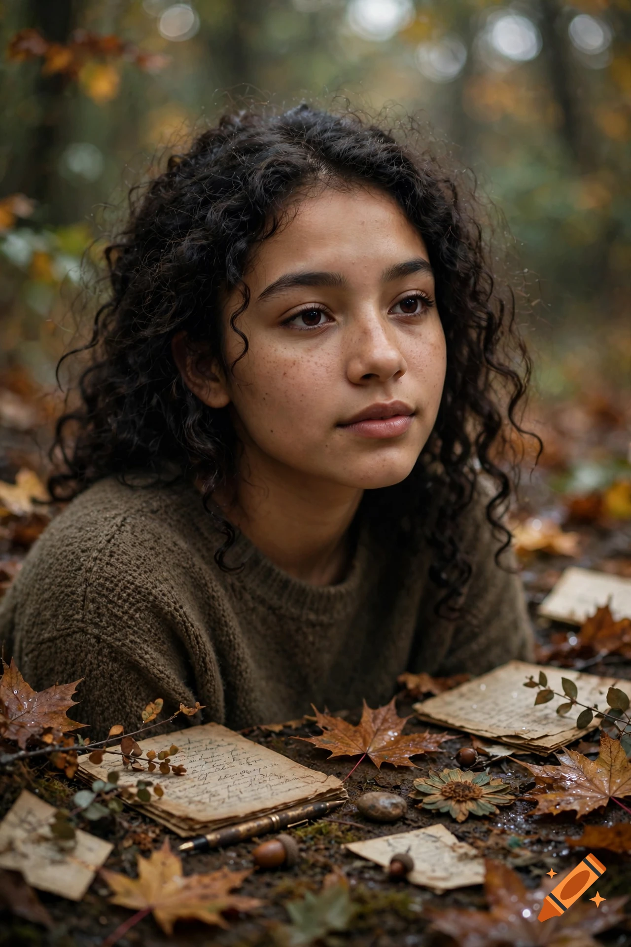 Photorealistic portrait of a young Hispanic woman with curly dark hair and freckles lying among autumn leaves and old handwritten letters.