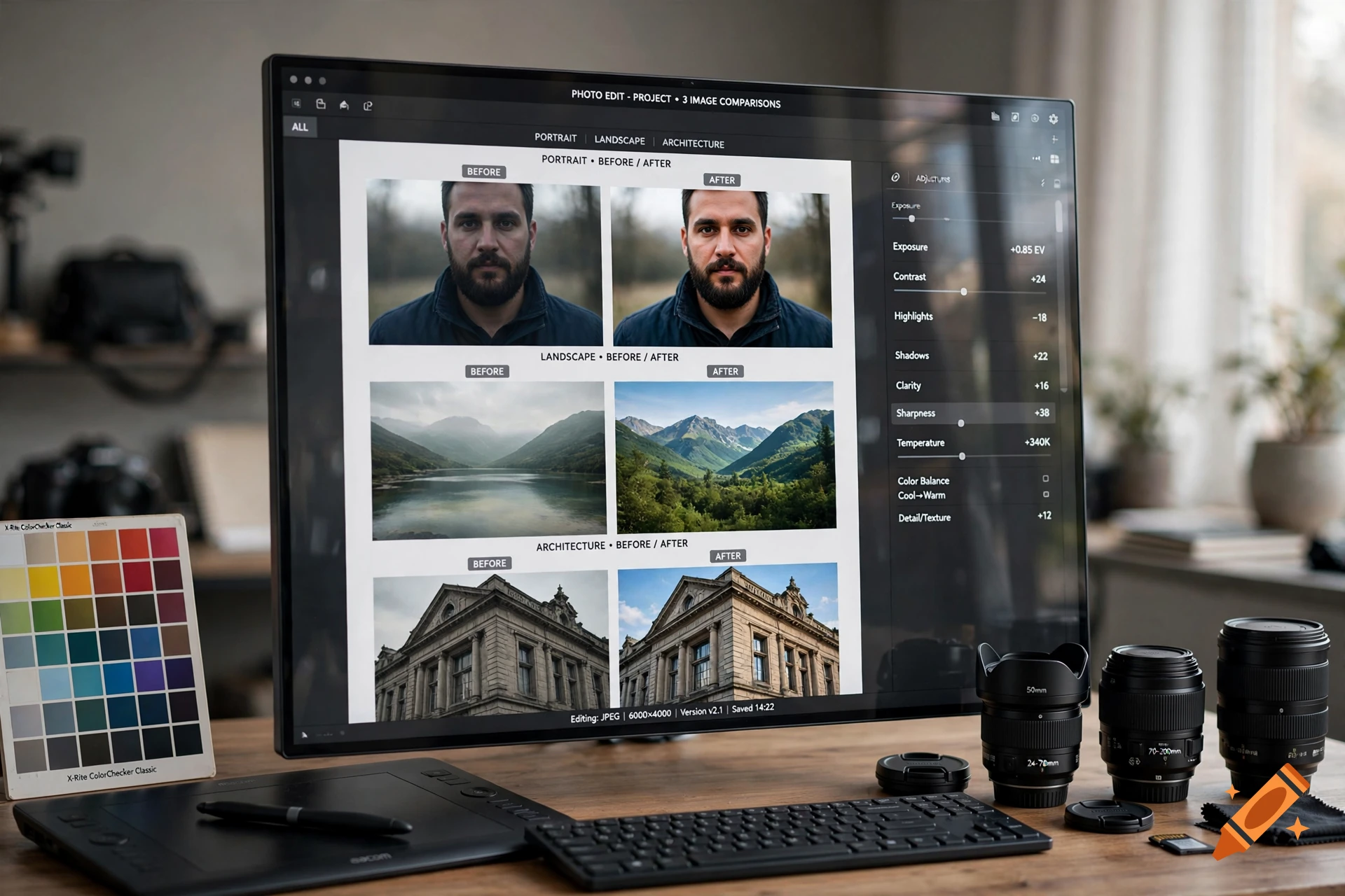 Photorealistic image of a computer monitor displaying photo editing software with before and after comparisons, set on a wooden desk with a camera lens and keyboard.